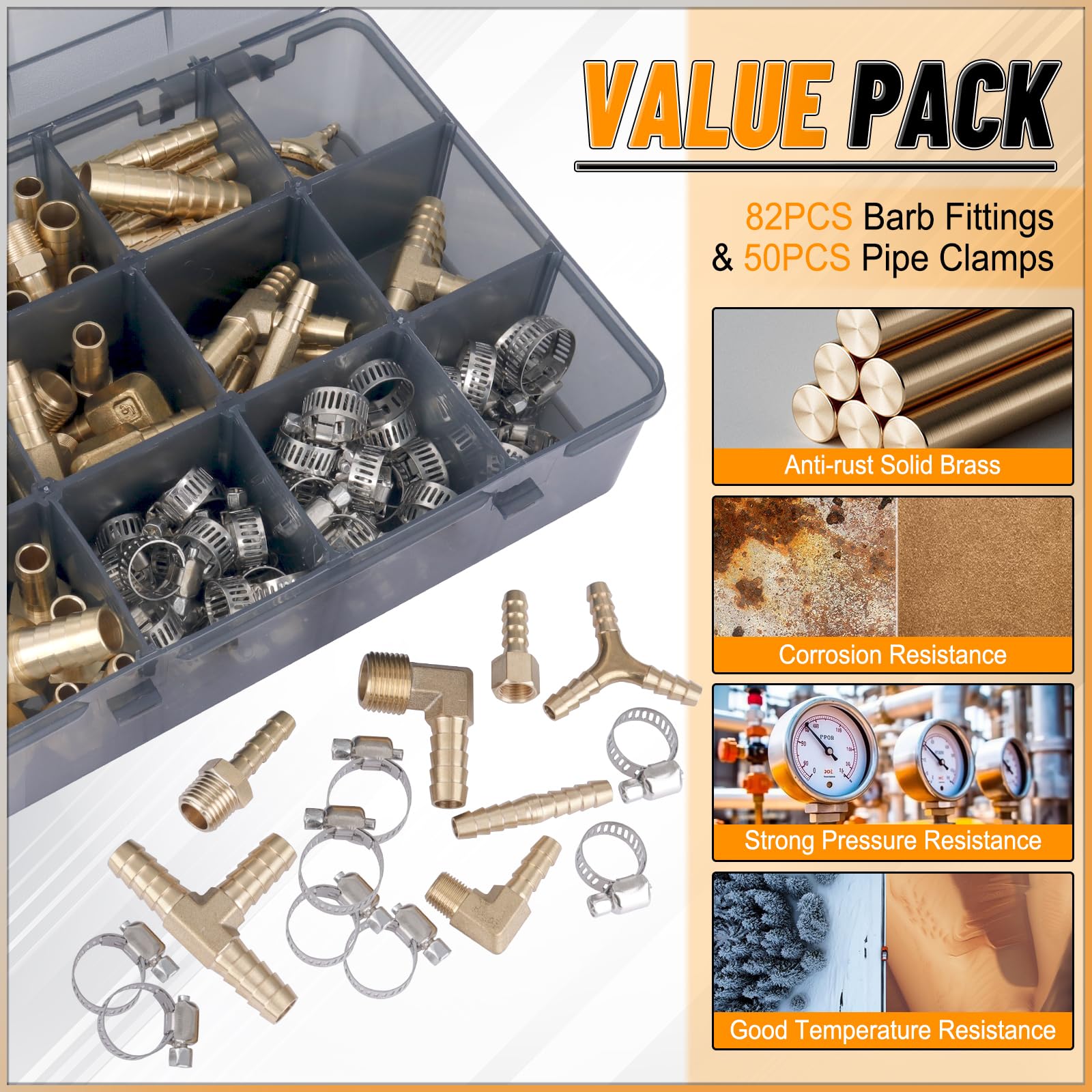 KOOTANS Kit surtido de 132 accesorios de latón para manguera de manguera, empalmador de púas, acoplador macho, adaptador hembra, codo macho de 90°, T, accesorios de manguera de aire en forma de Y con