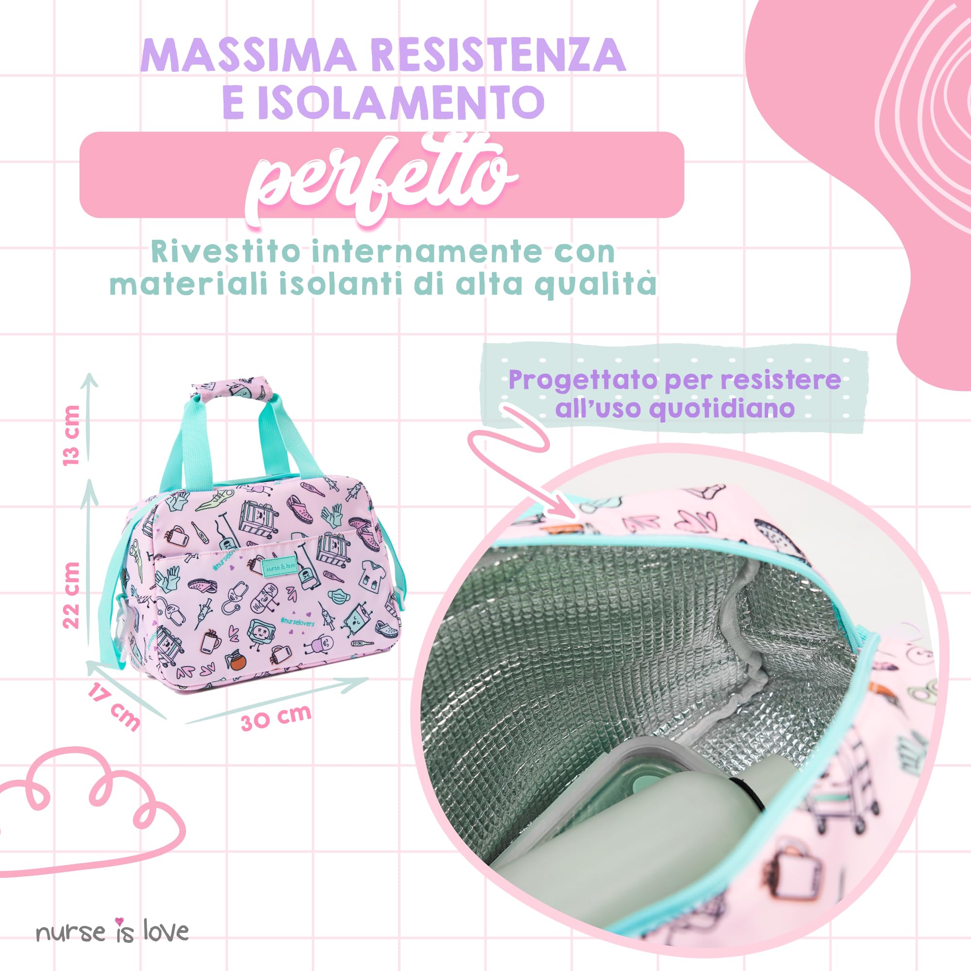 Nurse is Love Borsa Termica Porta Pranzo per Infermiere, Borsa Frigo Piccola Pranzo Ufficio con Scomparti + Tracolla Regolabile. Compatibile con Portavivande | Infermiere Accessori, Organizer