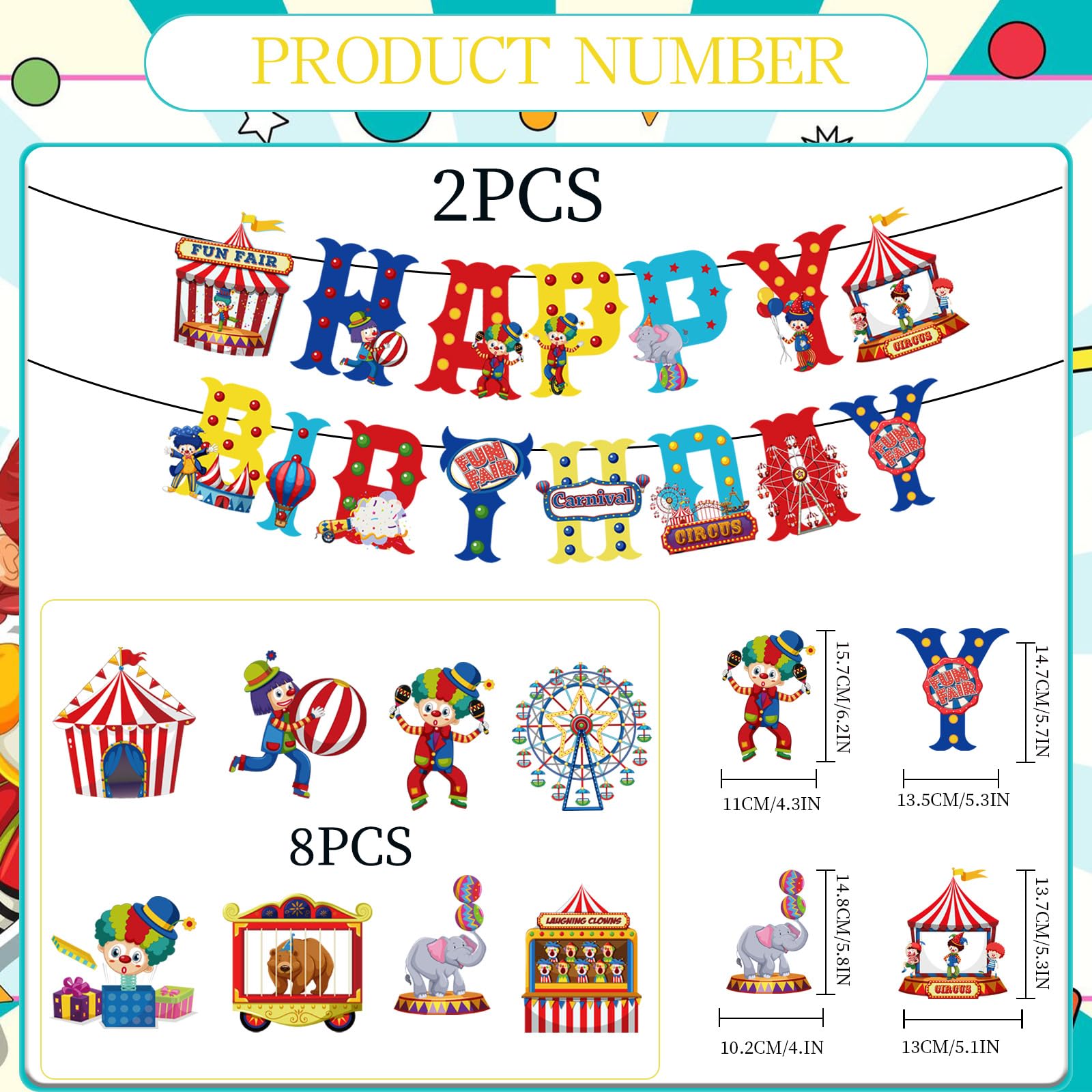 Yoyuspy Lot de 10 décorations de fête d'anniversaire sur le thème du cirque – Bannière « Happy Birthday » à suspendre - Décoration de fête sur le thème des clowns pour enfants