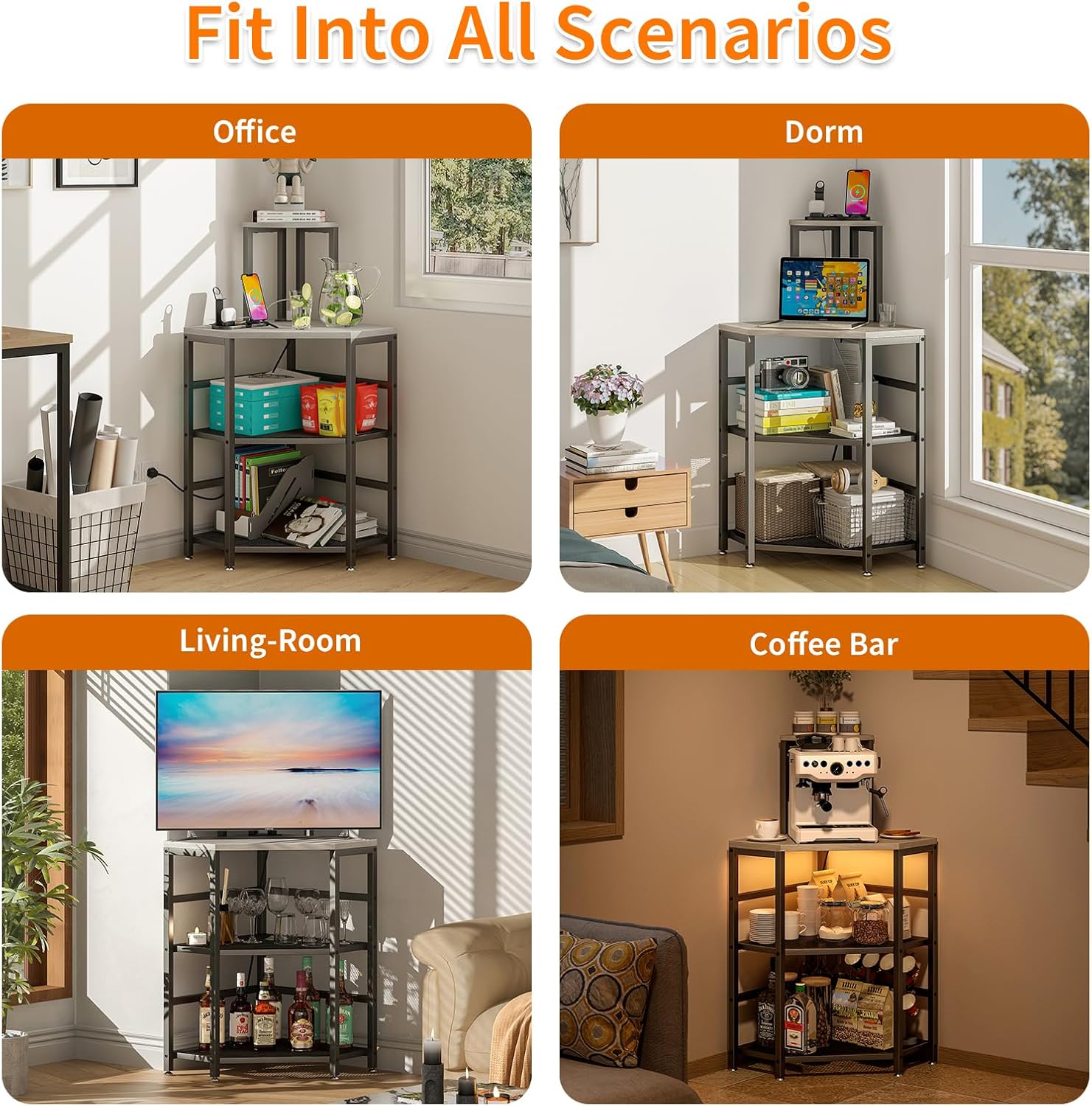 Gray Corner Printer Stand Table, with Power Outlet and USB Charging & LED Lights, for Home Printer Stands, Storage Shelf, Computer Tower/CPU Stand Holder for Home Office, Greige