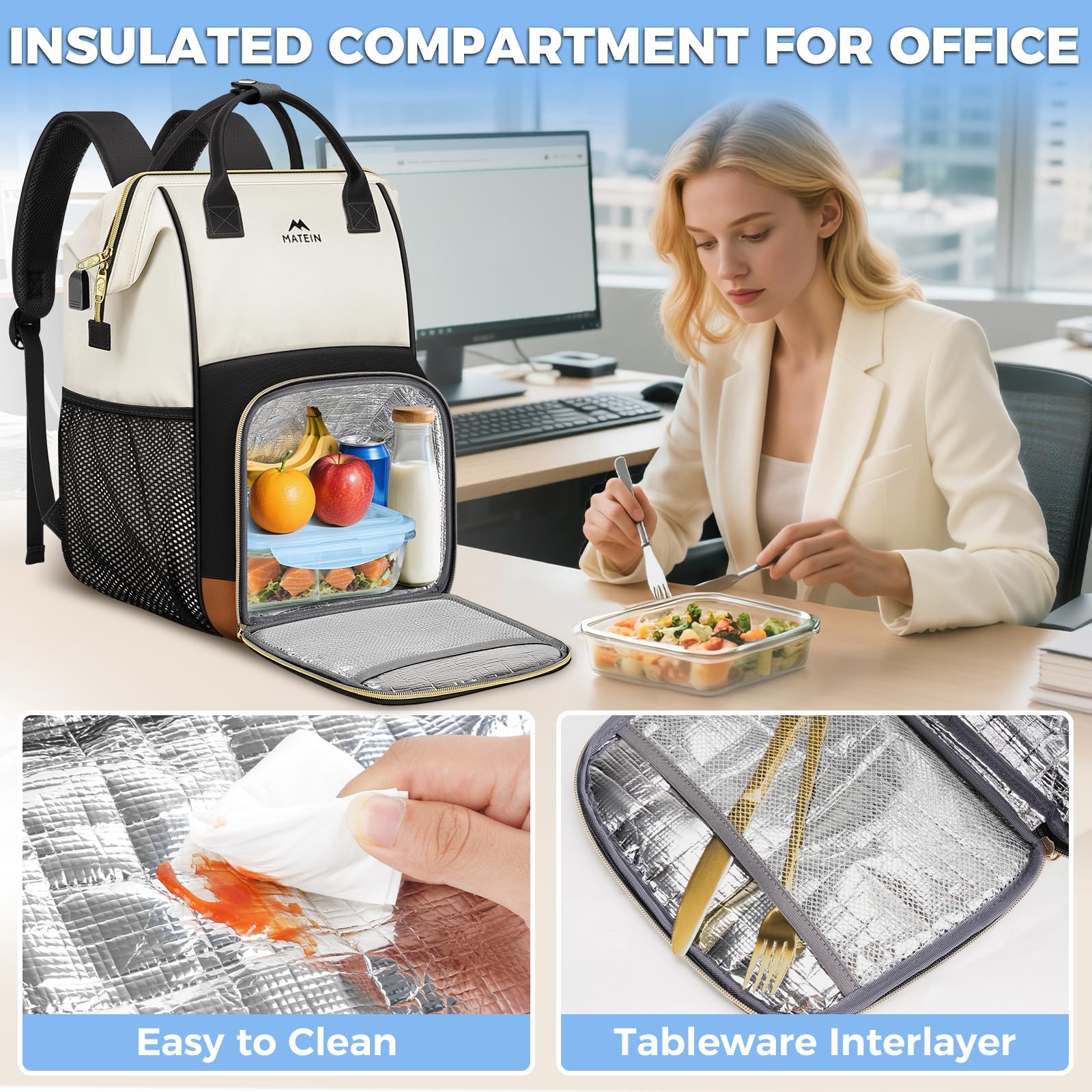 Mochila de almuerzo aislada para mujer, mochila de trabajo para laptop de 15.6 pulgadas con puerto de carga USB, mochilas para computadora universitaria resistente al agua, bolsa de almuerzo 5