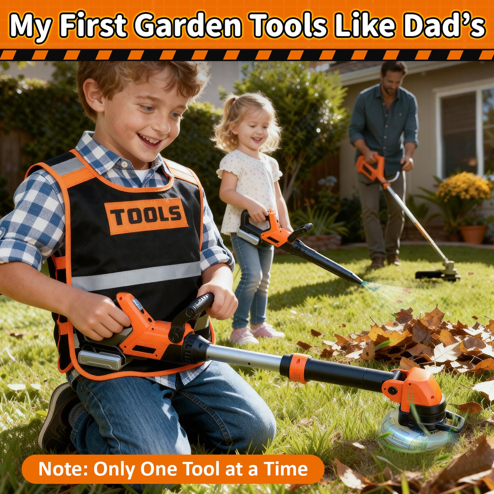 KidBloom 2 in 1 Attrezzi da Lavoro Bambini con Gilet Portautensili, Decespugliatore Giocattolo & Soffiatore Foglie con Suoni, Giochi da Giardino per Bambini, Giochi Bambino 3 Anni