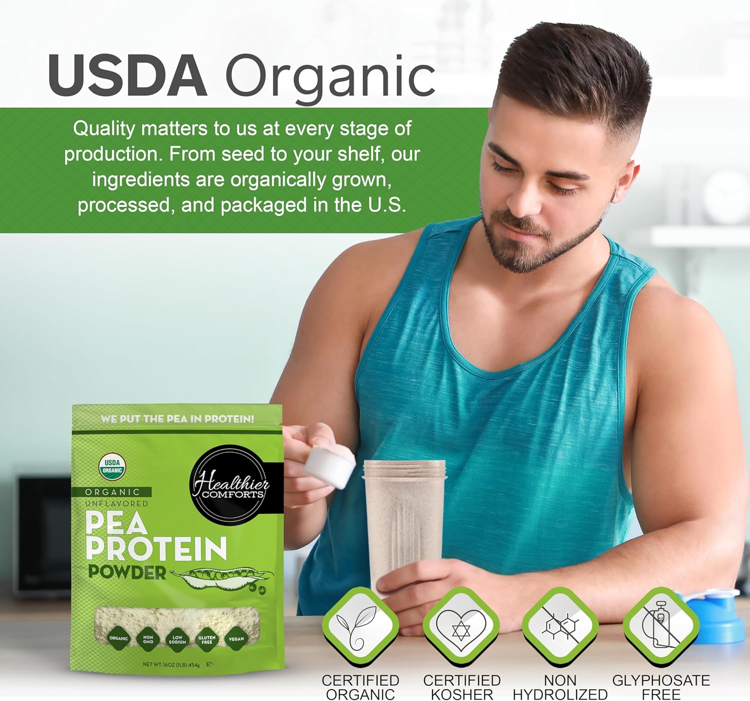 Healthier Comforts Organic Unflavored Pea Protein Powder - Low Sodium (1 lb.) | USA Grown and Processed | 100% Plant Based Protein | Kosher, Gluten Free, Non-GMO, Keto Friendly (16oz) - Image 6