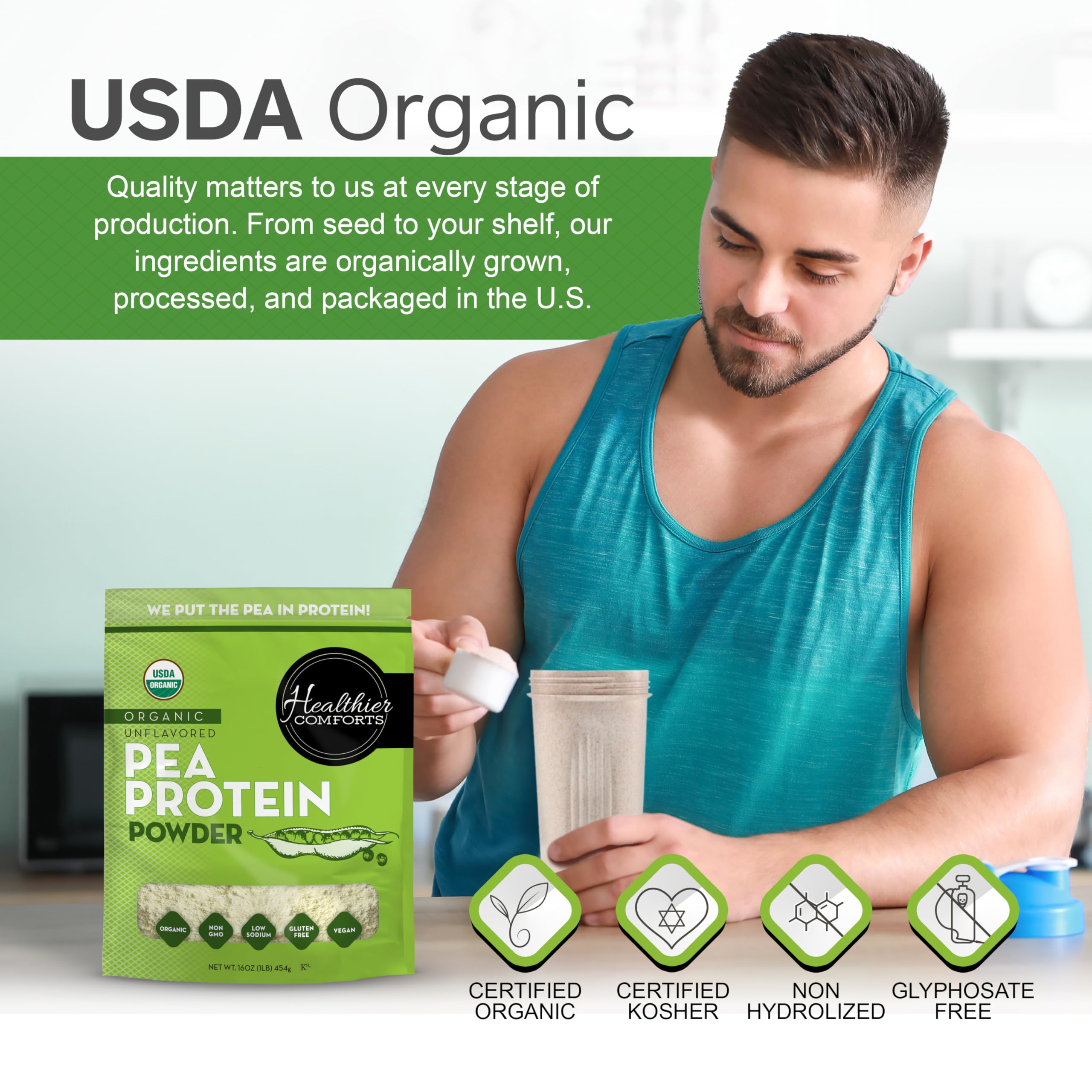 Healthier Comforts Organic Unflavored Pea Protein Powder - Low Sodium (1 lb.) | USA Grown and Processed | 100% Plant Based Protein | Kosher, Gluten Free, Non-GMO, Keto Friendly (16oz) — Amazon image 6