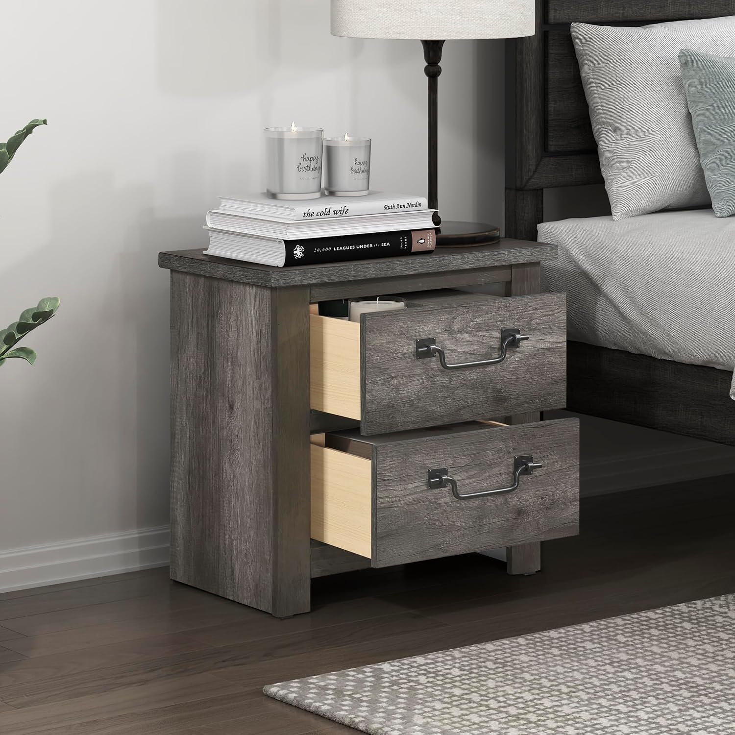 Lexicon Modern Nightstand with 2 Drawers, End Table w/Storage, Bedside Furniture, Bedside Table for Bedroom, No Assembly, Grey