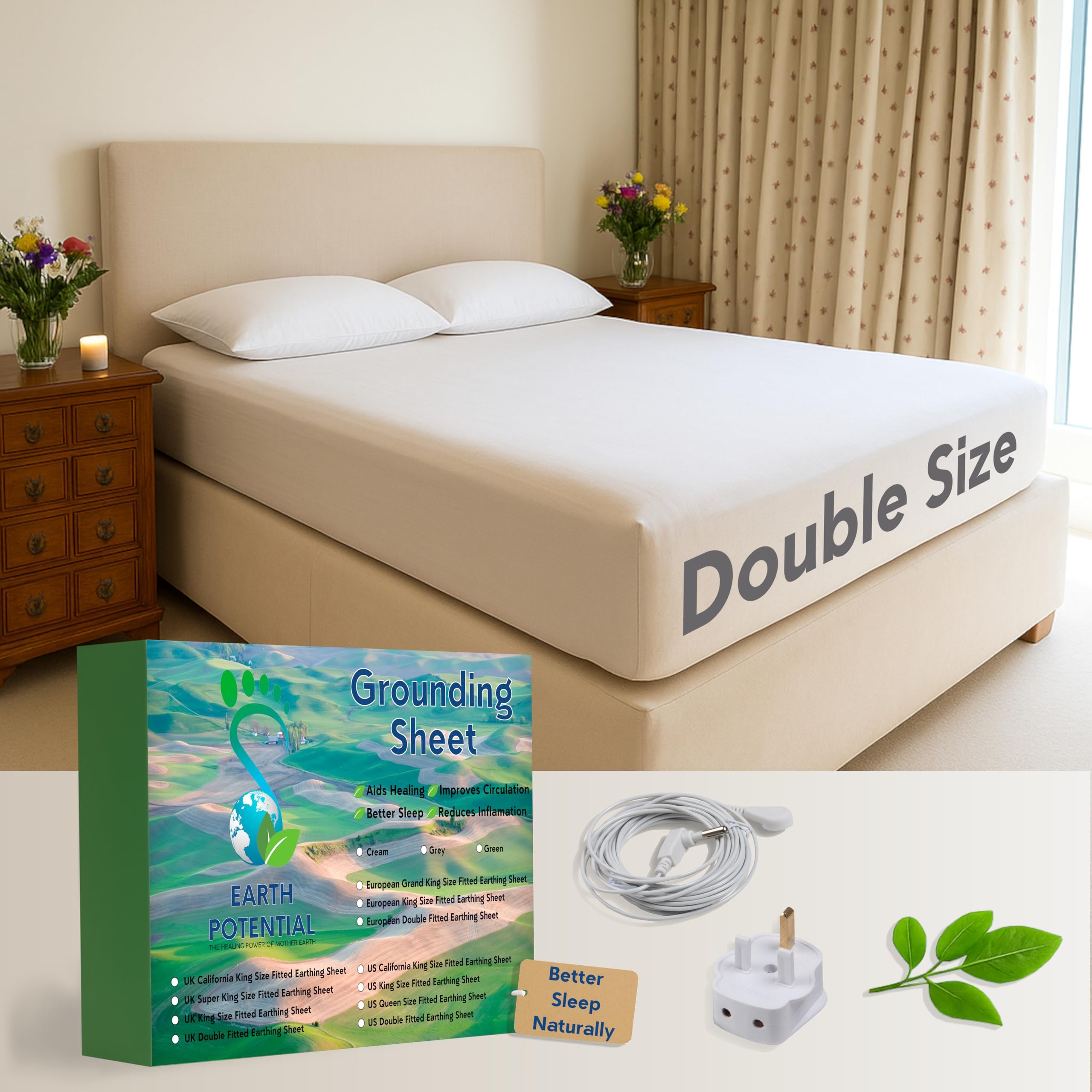 Earthing Grounding Fitted Double Sheet - 95% Cotton and 5% Soft Silver Thread for Healing Sleep - supplied complete with 5m Cable and UK Double Grounding Plug, by Earth Potential