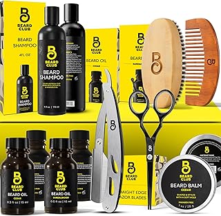 Kit de cuidado y aseo de barba The Beard Club para hombres - Kit de cuidado y aseo - Aceite de cedro y sándalo, bálsamo de cedro, champú, cepillo, peine, tijeras de recorte, navaja de filo recto