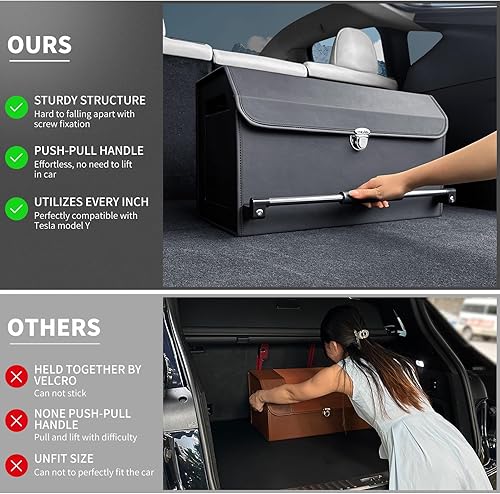 Miniatura 2 de Organizador de maletero de automóvil, mango de empuje, plegable de cuero, 2 compartimentos organizadores de automóvil con tapa, organizador de