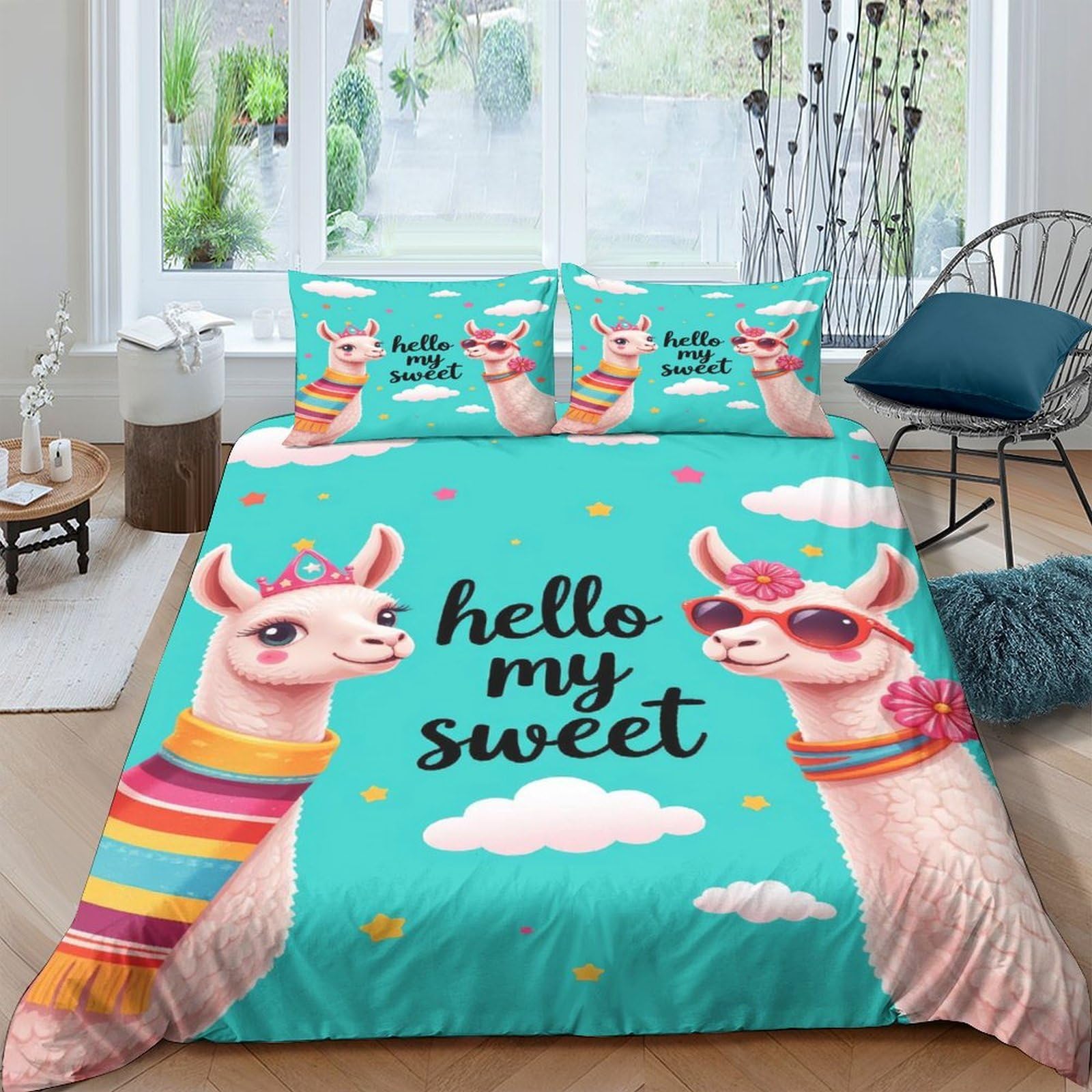 Ctjqhvkz Style-7 3D Printed Llama Cartoon Fitted Sheet Microfiber Soft Turquoise Mattress Cover For Bedroom Dorm Room Decor Single（135X200cm）