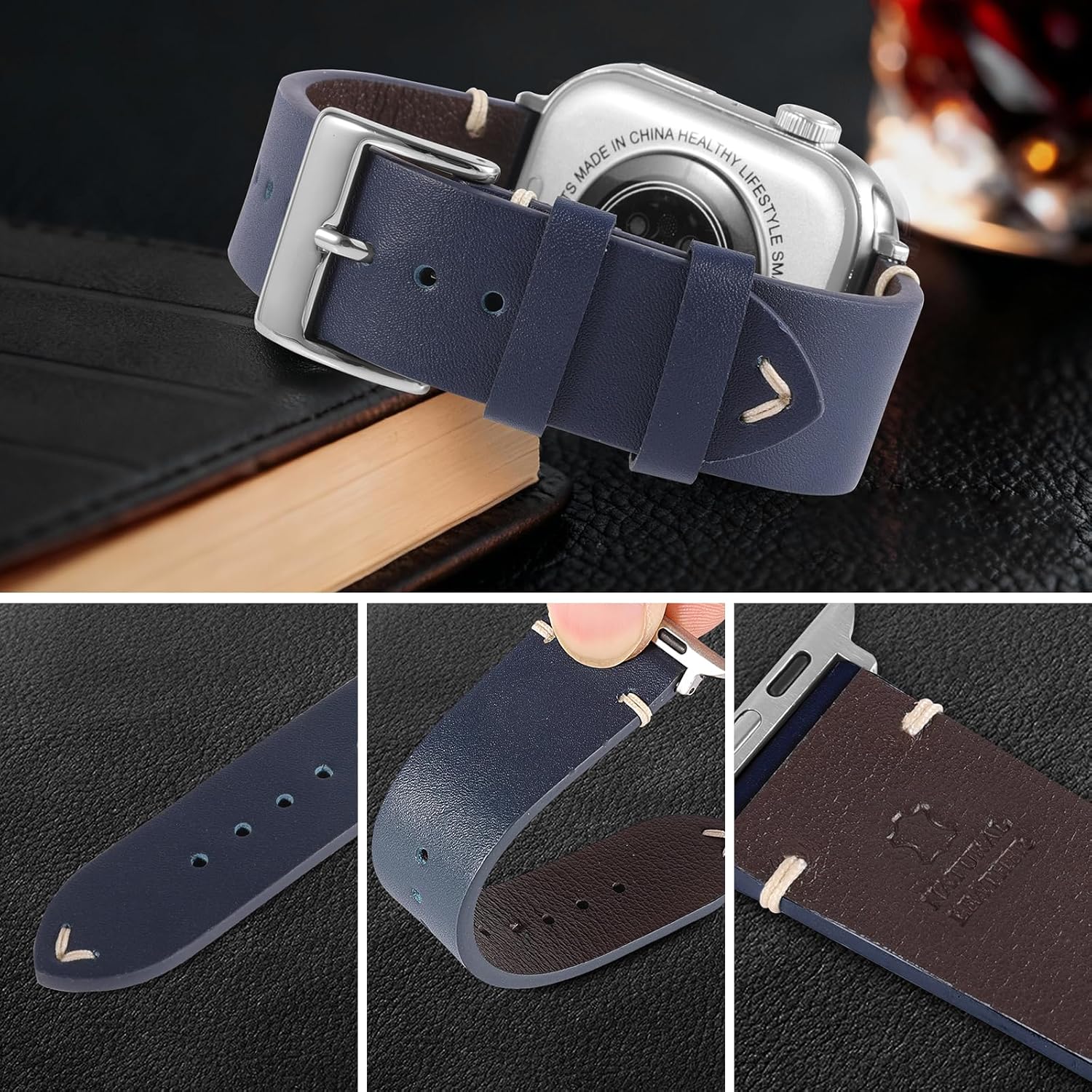 Rugged Genuine Leather Bands Compatible with Apple Watch 49mm 46mm 44mm 45mm 42mm 41mm 40mm 38mm for Women Men, Durable Wide Watch Replacement Straps for iWatch Ultra SE 11 10 9 8 7 6 5 4 3 2 1 - Image 3