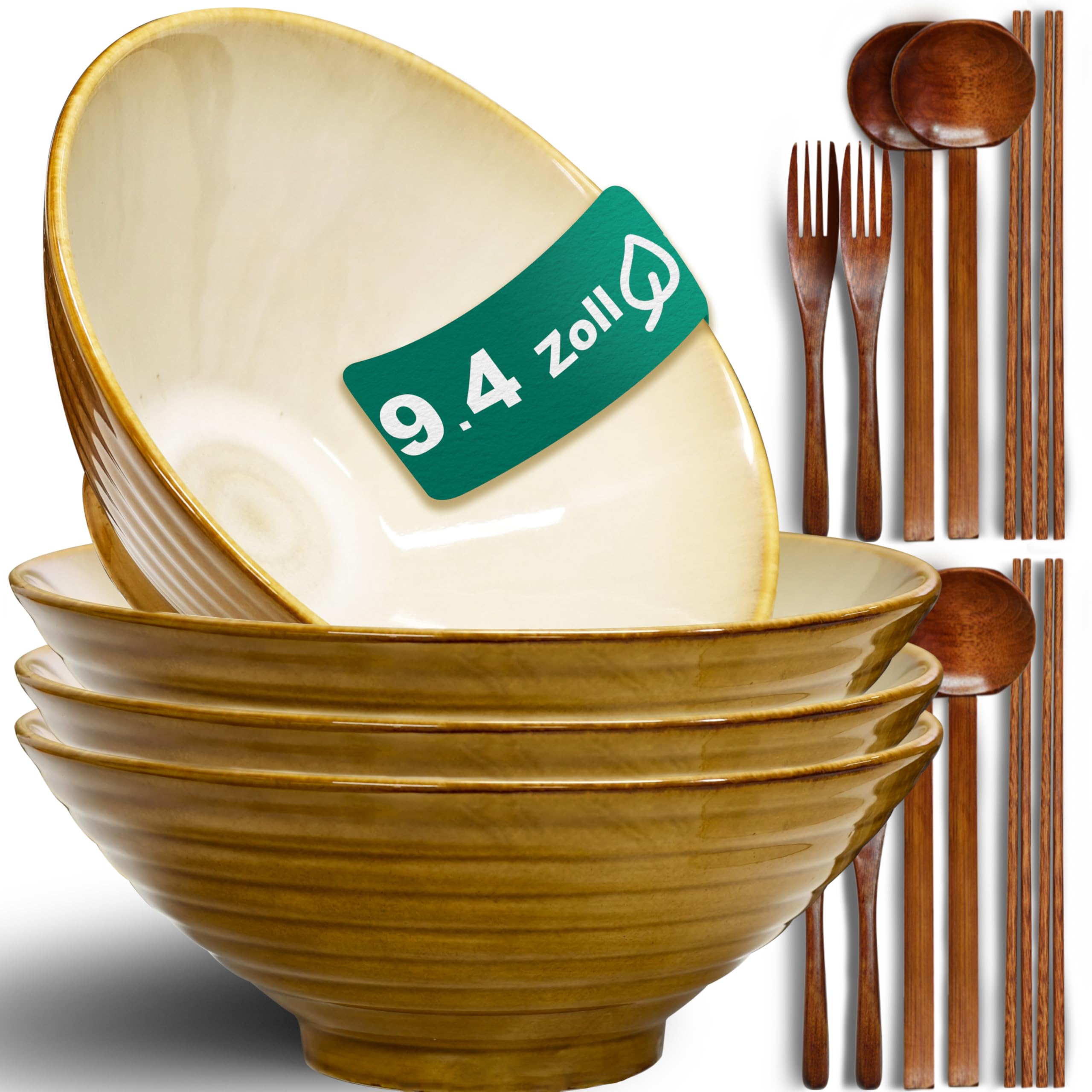 9.4 Zoll 4 Set Keramik Ramen Schüssel(16 Teilig) - Japanisches Porzellan Spülmaschinenfest Geschirr mit Gabel Essstäbchen Löffel für Nudeln Suppen Getreide Salate Mann Frau Geschenke für neuen Häusern