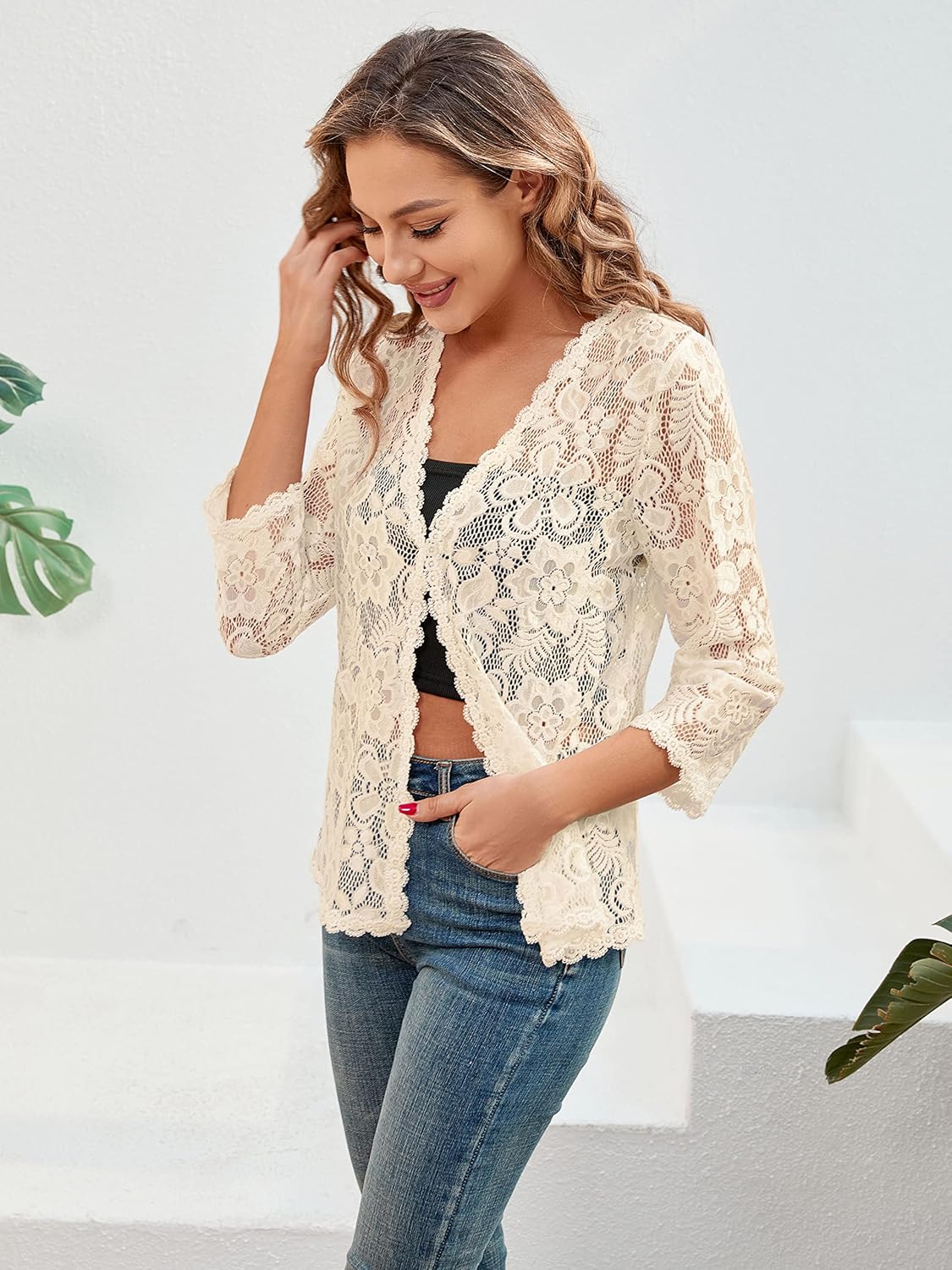 BENANCY Women's 3/4 Sleeve Bolero Shrugs Crochet Lace Open Cardigan - Image 2