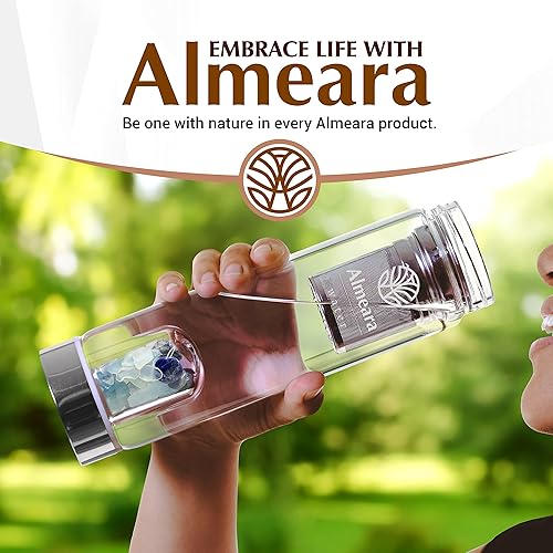 Miniatura 8 de Botella de agua de cristal Almeara con lapislázuli auténtico, piedras de ópalo y aguamarina, gemas extraíbles, infusor de té de hojas sueltas -