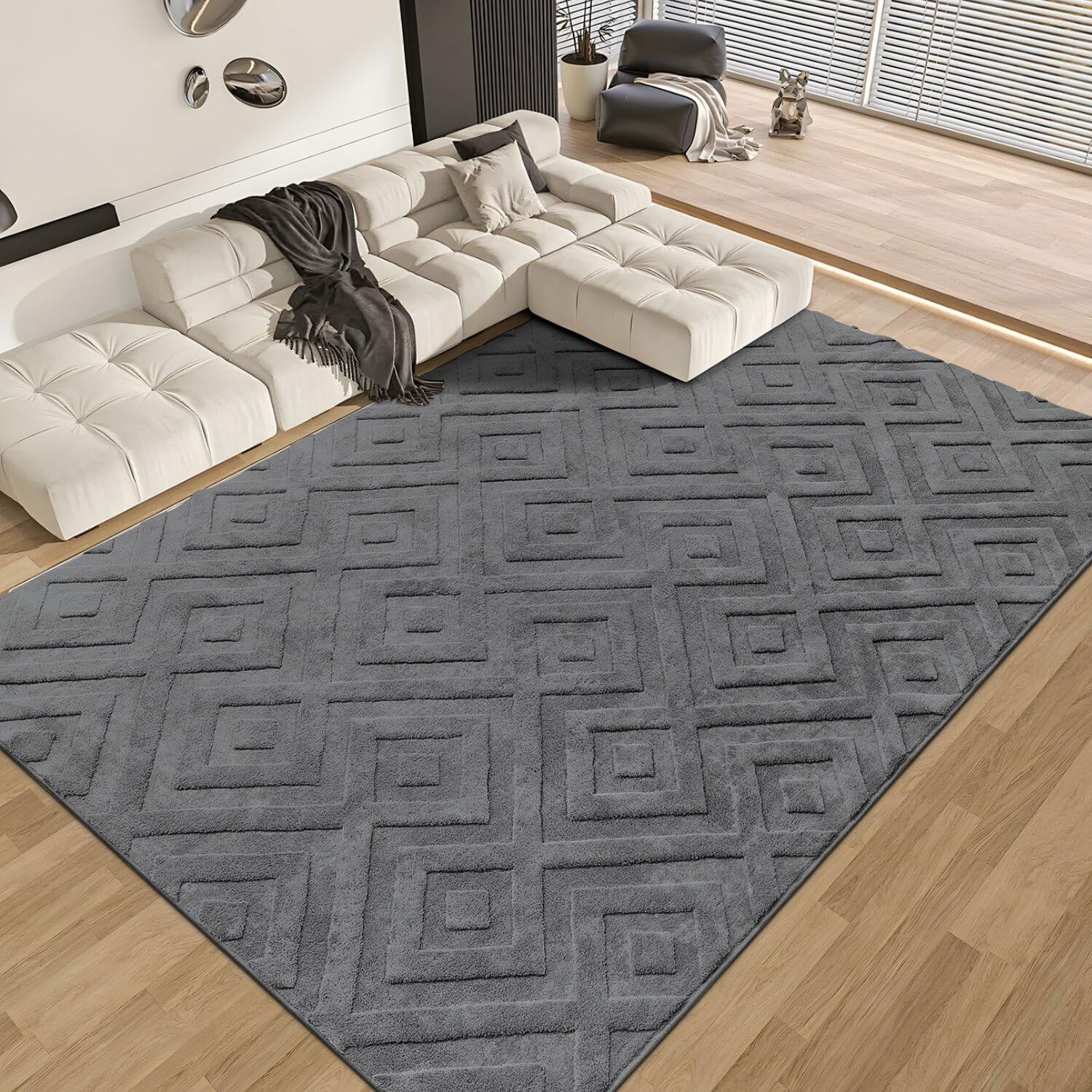 SHACOS Alfombra Grande Gris 160x230cm para Salón de Pelo Corto Moderna Alfombra Antideslizante Pie de Cama Dormitorio Alfombra Bohemia Habitación Suave Alfombra Decorativa para Sala de Estar