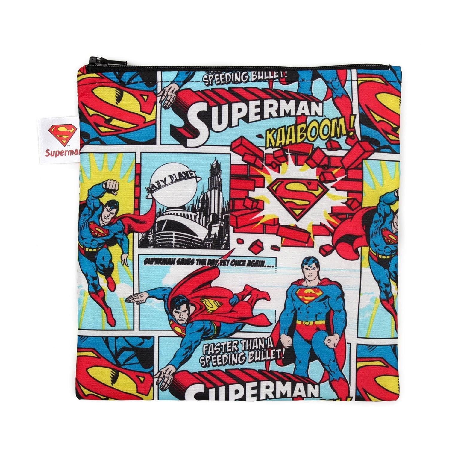Bumkins Reusable Sandwich and Snack Bags, for Kids School Lunch and for Adults Portion, Washable Fabric, Waterproof Cloth Zip Bag, Travel Pouch, Food-Safe Storage, Large, DC Comics Superman