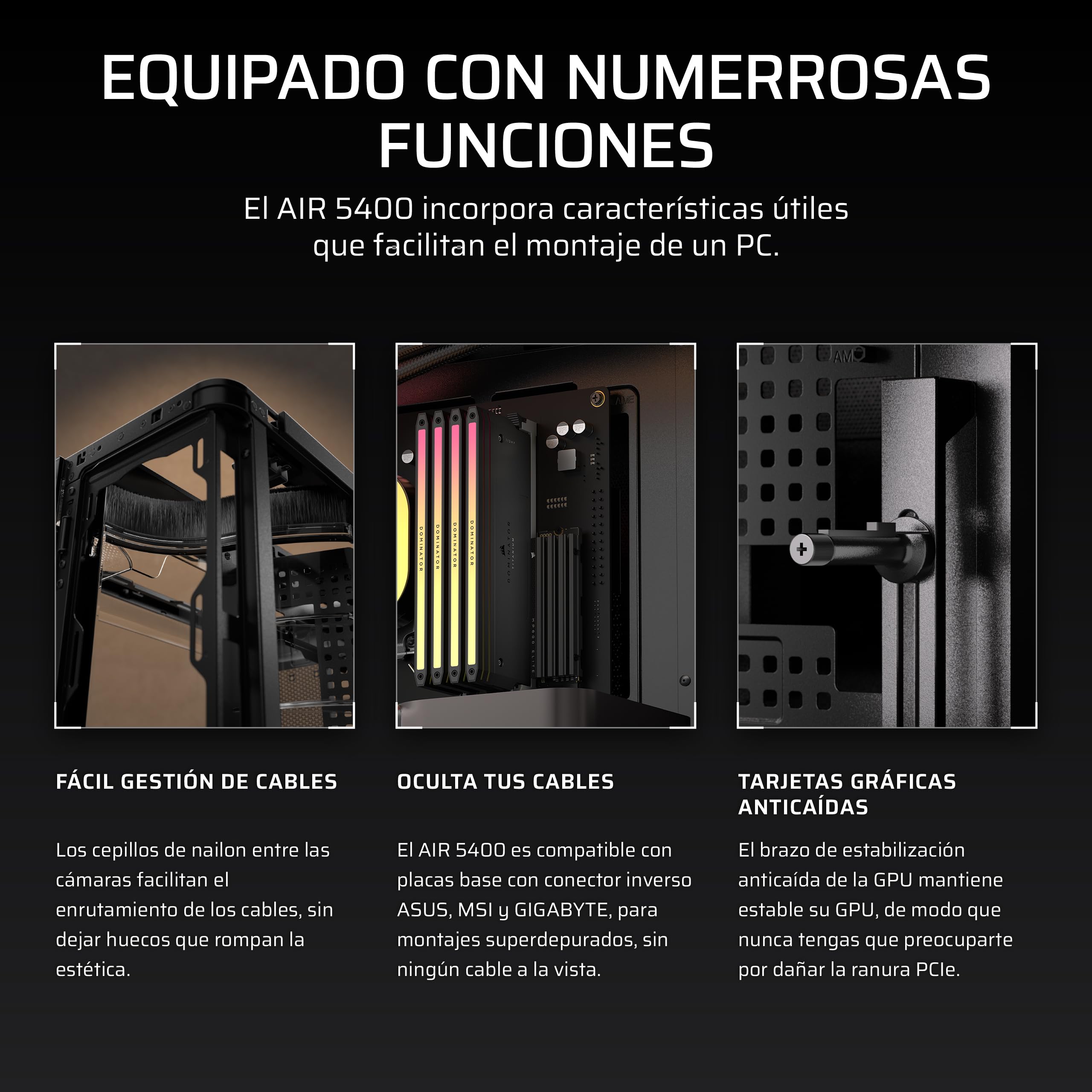 CORSAIR Air 5400 RS-R ARGB Caja para PC semitorre panorámica de Triple cámara – 3 Ventiladores RS120-R ARGB Reverse-Rotor preinstalados – conductos de Alto Flujo y bajo Ruido – Negro