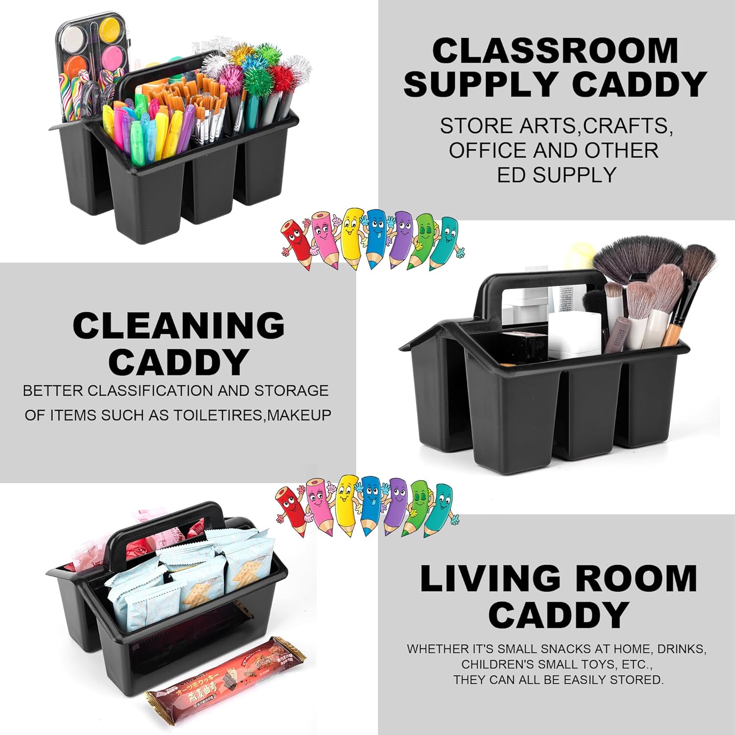 6 Pack Plastic Classroom Caddy For School,Kidsroom,Pencil Holder,Portable Art Craft Caddy Organizer With Handle,Cleaning Caddy Organization For Shower Room（Black