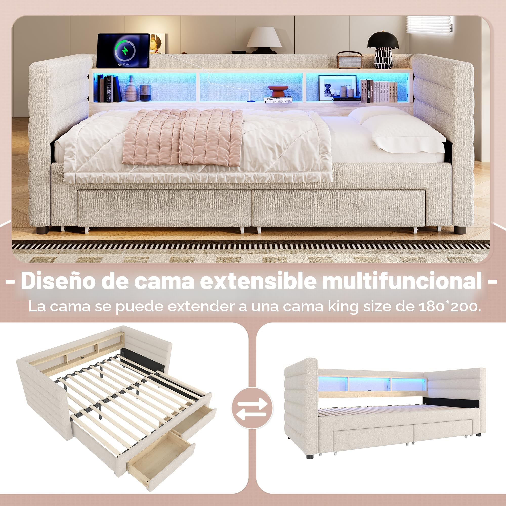Soweiz Cama diurna, sofá cama, 90 x 190 cm, diseño de cama extraíble, USB + conectores tipo C, con dos cajones, varios compartimentos de almacenamiento, barra de luz, sin colchón, terciopelo (beige)