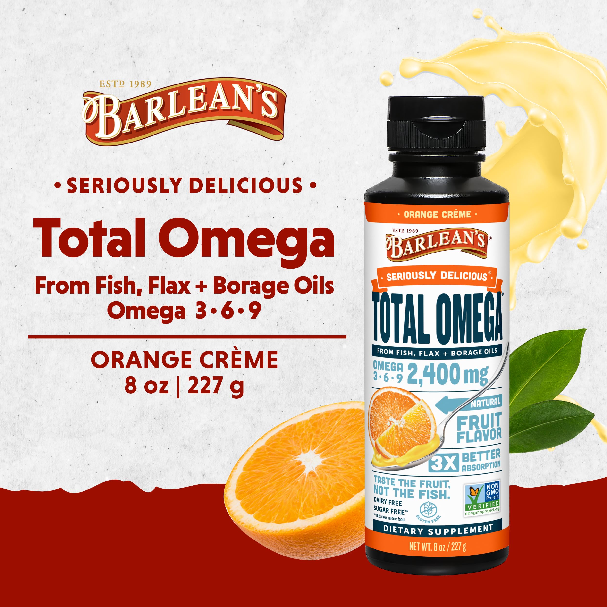 Barlean's Total Omega 3 6 9 Orange Crème Liquid Fish Oil Supplement with Borage and Flaxseed Oil, 2,400 mg of Omegas EPA and DHA Plus GLA for Joint and Heart Health, 8 oz — Amazon image 2