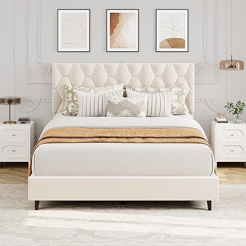 GarveeHome Base de cama de plataforma tamaño Queen con cabecera tapizada y soporte de listones de madera, base de colchón tapizada, no necesita