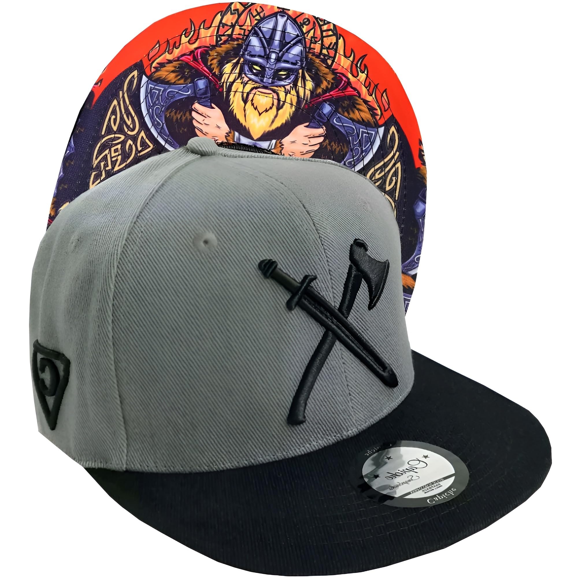 Capiche [99+ Variations] Viking Hat for Men, Warriors hat, Snapbacks Flat Bill Gray Baseball Cap with Black Brim and Tattoo Art, Gift Him, Beard, Axe, Norse Gray Gorras
