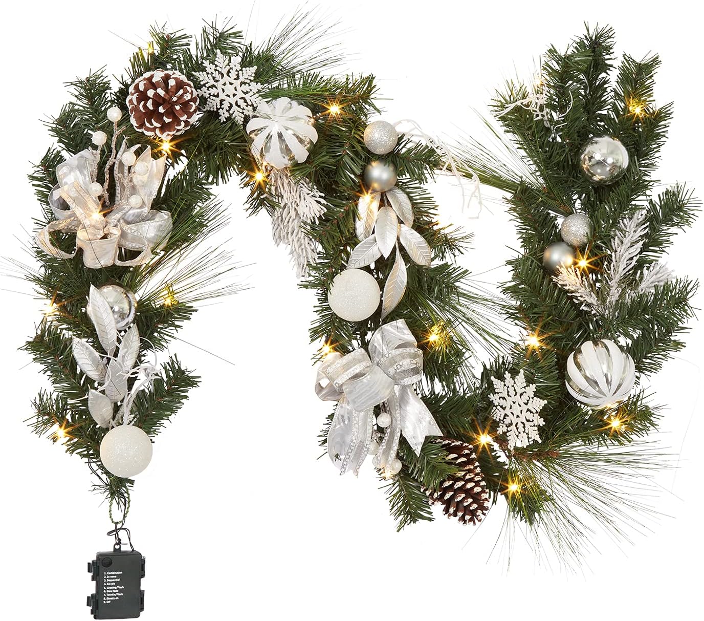 AdeeingChristmas Garland with Lights, 6 ft Pre-lit Silver White Christmas Garland with Ball Ornaments Pine Cones Berries Battery Operated Lights for Indoor Outdoor Fireplace Staircase Decoration