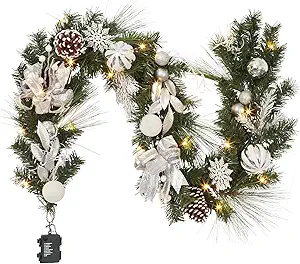 Fireplace Christmas Garland with Lights, 6 FT Lighted Battery Operated Christmas Garland with Sliver Ribbon Pine Cones Berries for Farmhouse Home Front Porch Banister Decorations