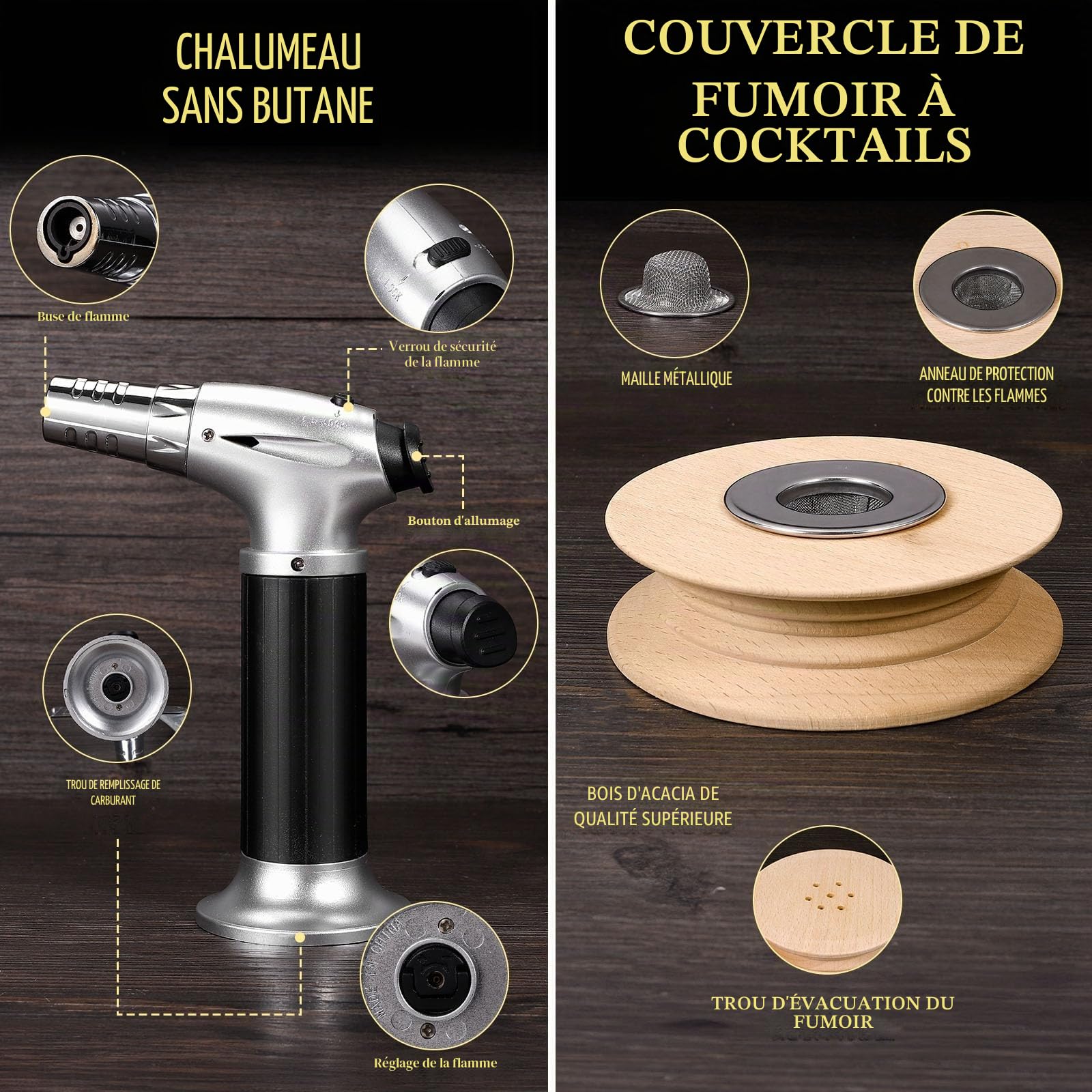 CWLAKON Kit de Fumeur de Cocktail avec Torche, Smoker Bourbon Old Fashioned Drink avec 6 Copeaux en Bois, Cadeaux d'anniversaire et Noël pour Hommes(sans Butane)