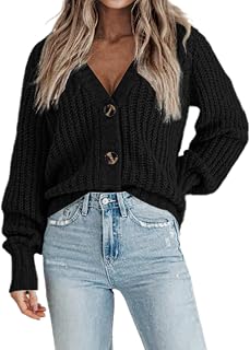 Women's Chunky Knit Cardigan 2023 Fall Winter Long Sleeve Open Front V Neck Button Down Cropped Cardigans Sweaters