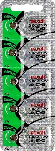5PK Maxell SR621SW - Batería de reloj de bajo drenaje de óxido de plata que reemplaza a 1175SO, 164, 280-34, 362, 531, 602, AG1, D 364, D364, GP364,