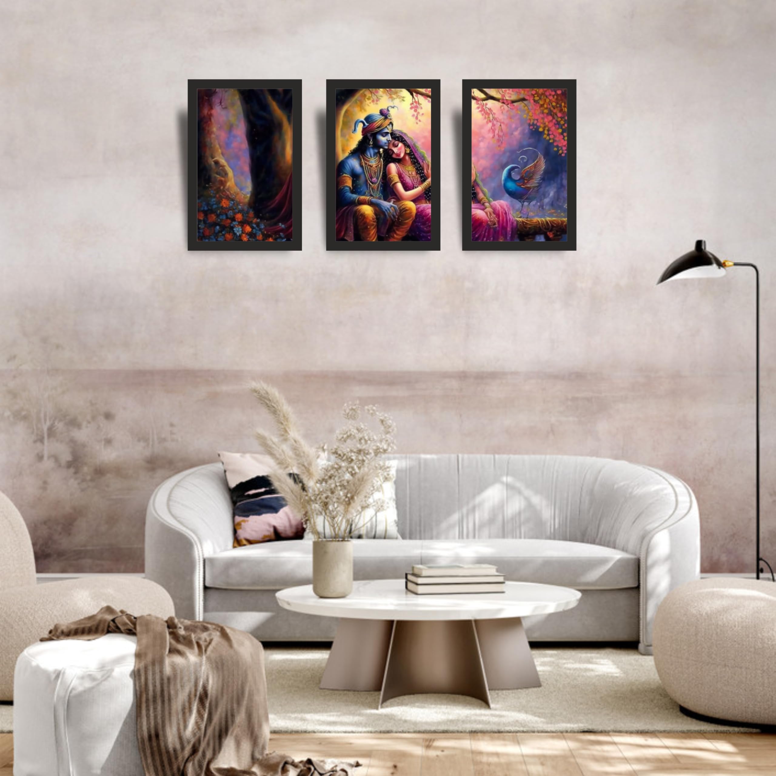 Radha Krishna Romantic Peacock Garden Wall Art Set of 3