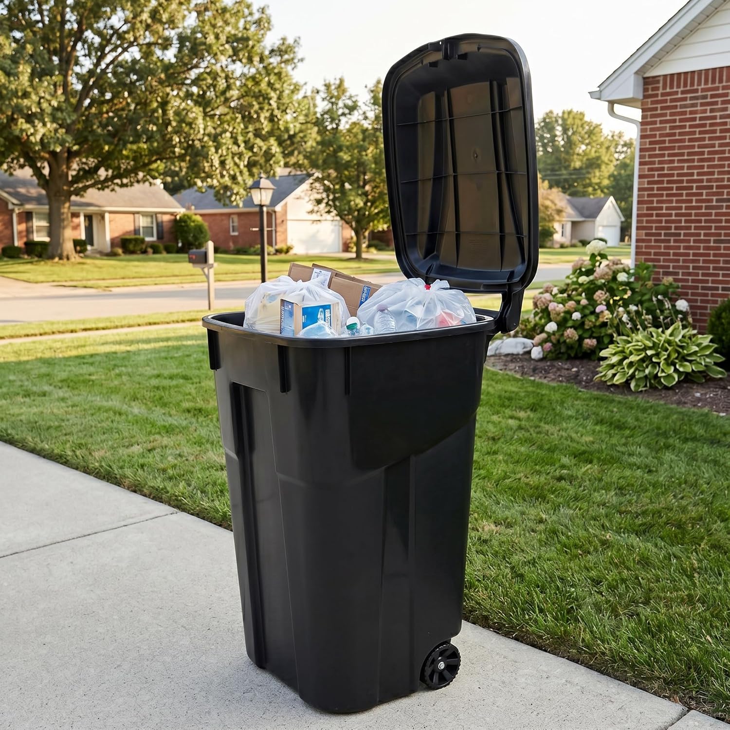 32 Gallon Wheeled Trash Can with Attached Lid, Heavy Duty Plastic Outdoor Garbage Receptacle with Ergonomic Handle and Bottom Lift Groove, Black