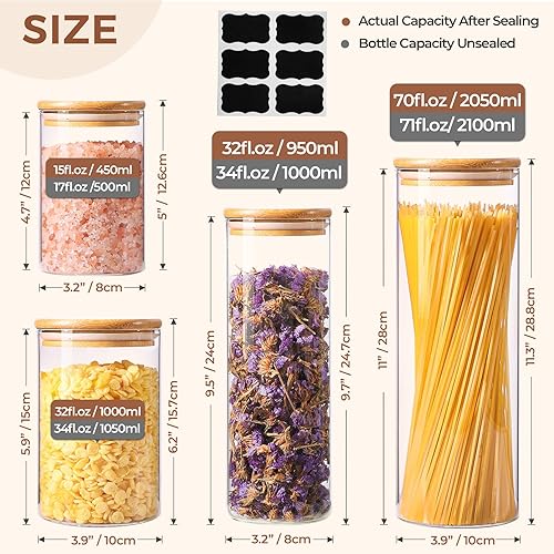 Miniatura 2 de ComSaf Juego de 6 tarros de vidrio para almacenamiento de alimentos, recipientes de almacenamiento de vidrio transparente con tapas de bambú, juegos