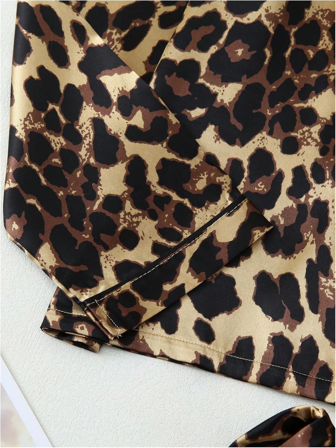 Women's 2 Piece Leopard Print Satin Pajama Set Cheetah Button Down Long Sleeve Top and Pants Sleepwear - Image 4