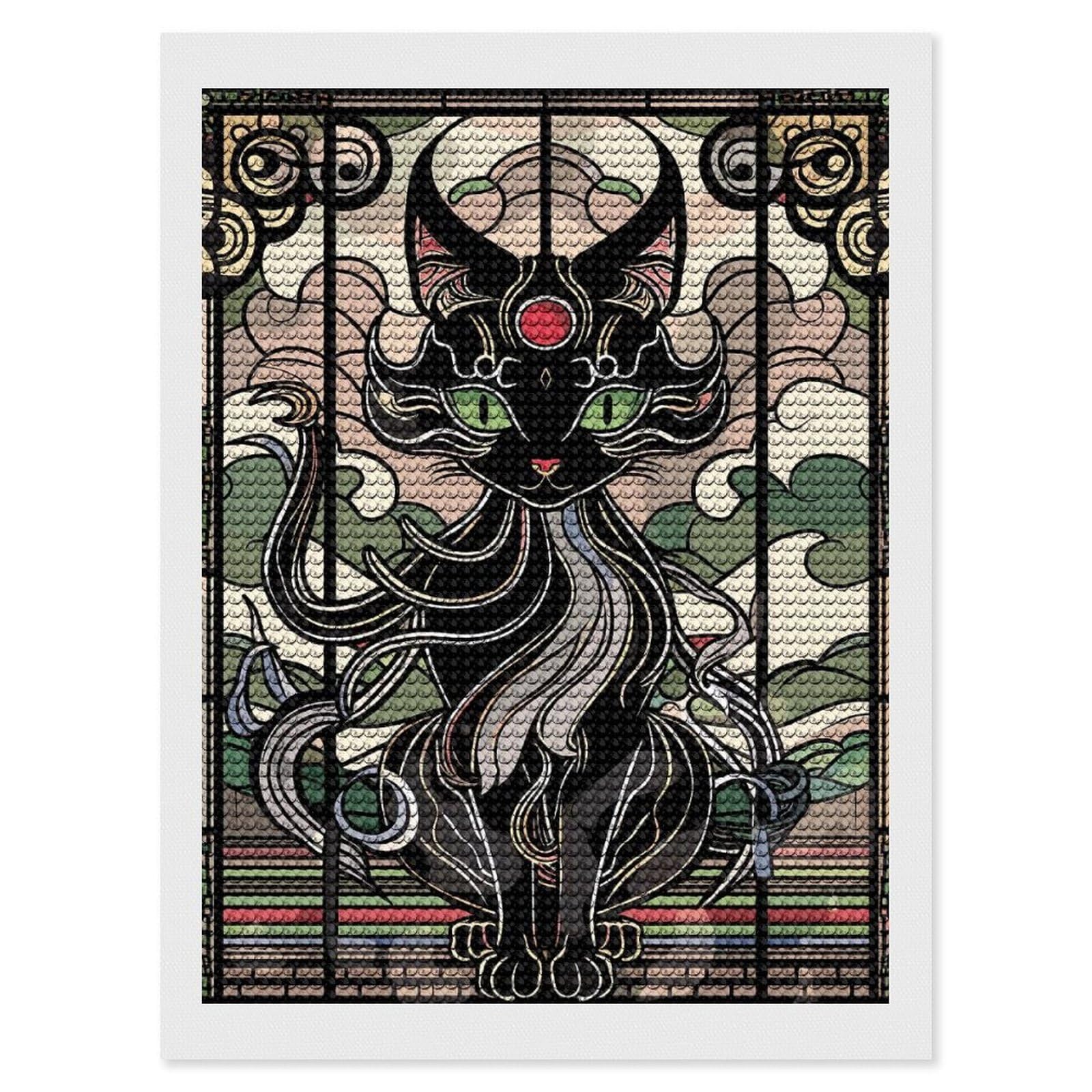 Junmoney Art Nouveau Black Cat Stained Glass Diamond Art Canvas 12"x16", Decorate Your Room, Mindful Craft Activity, Cosy Home Accent, Thoughtful Handmade Gift