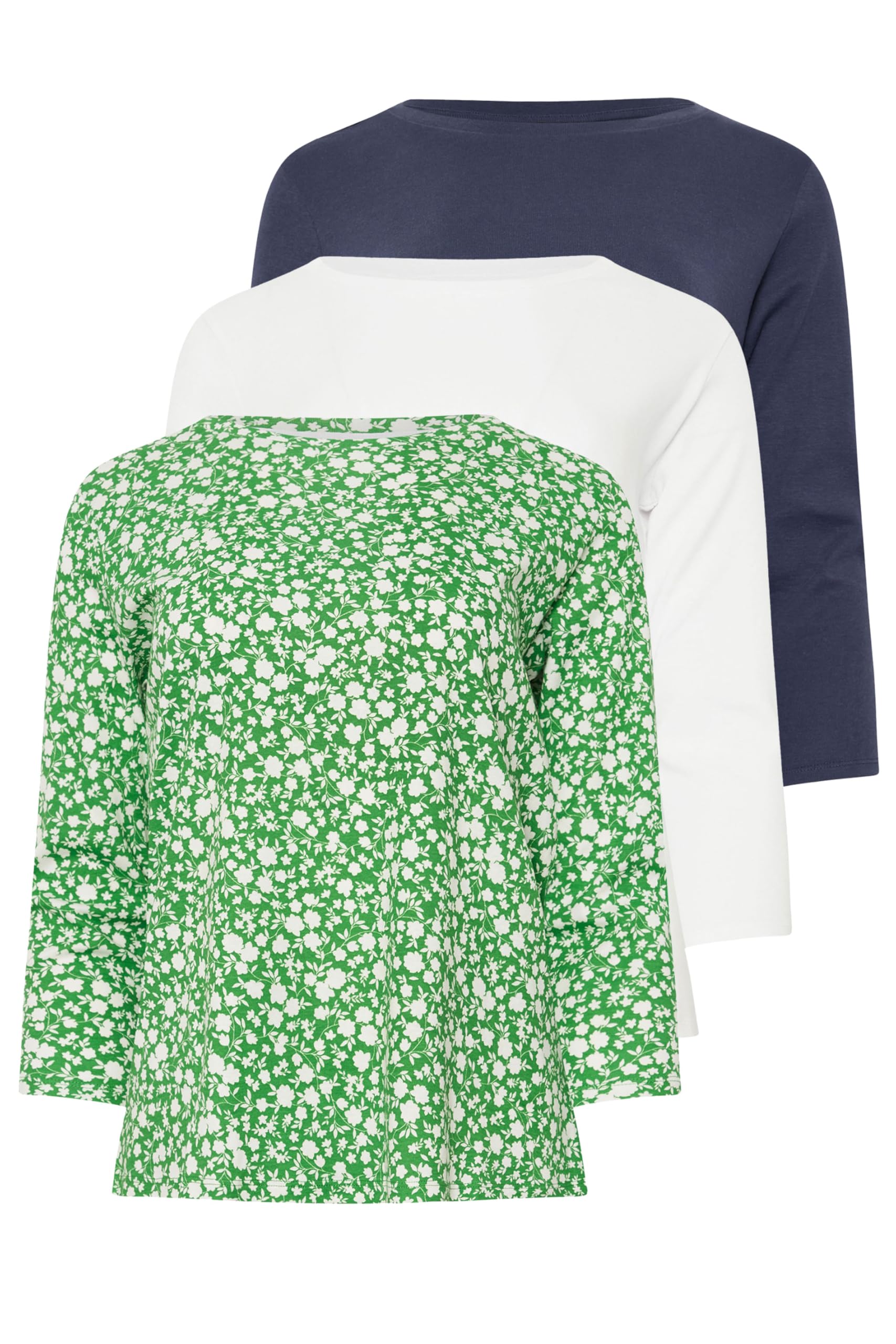 M&Co Women's Green 3 Pack & White Ditsy Floral Cotton Tops