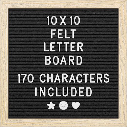 Felt Letter Board - 10x10”, Black - 170 Letters, Numbers & Emojis for Celebrations & Announcements - Customizable Message Letterboard w/Wooden Frame for Home Decor & Office Use - by Yes4Quality