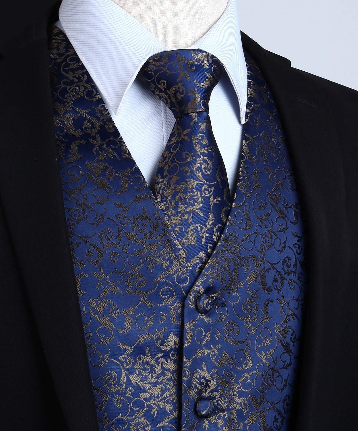 HISDERN 3PC Men's Paisley Floral Jacquard Suit Vest & Necktie and Pocket Square Formal Waistcoat for Tuxedo Wedding Party… - Image 2