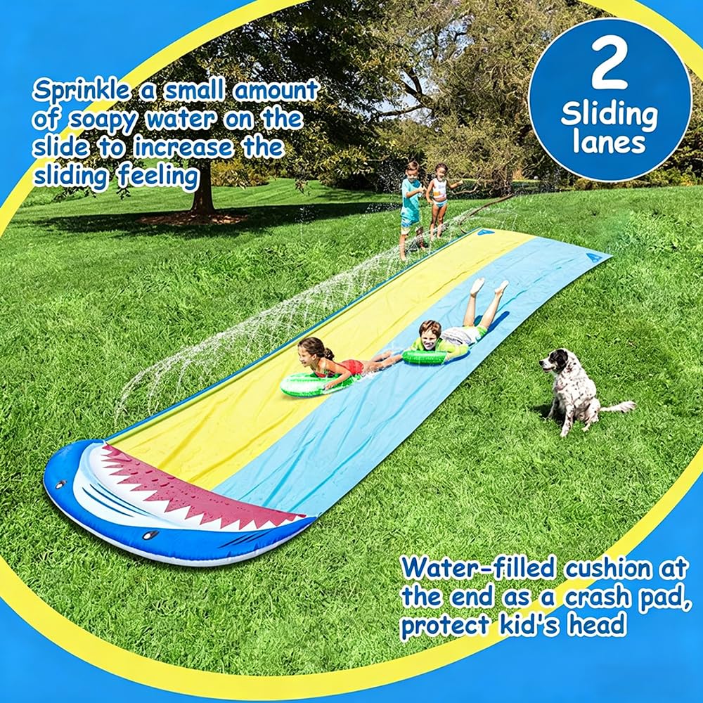 480 x 140 cm Wasserrutsche Garten für Kinder, Wasserrutsche Kinder Draußen, Wasserrutsche Aufblasbare mit 2 Bodyboards, Wasserspielzeug mit Eingebautem Sprinkler für Kinder, Erwachsene, Outdoor
