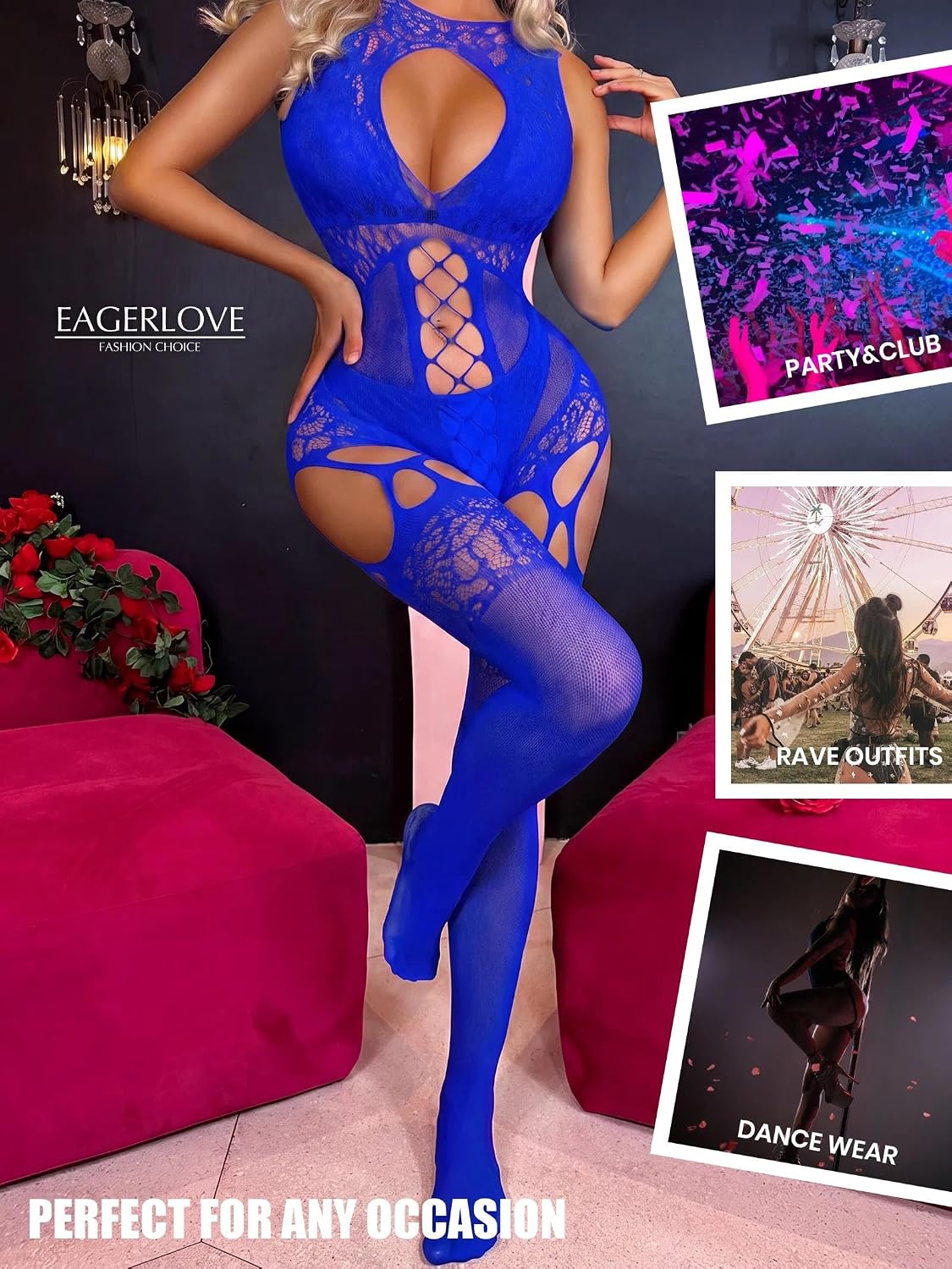 Womens Fishnet Jumpsuit Lace Bodystocking Rave Outfits One Piece Mesh Bodysuit Lingerie Party Club One Size