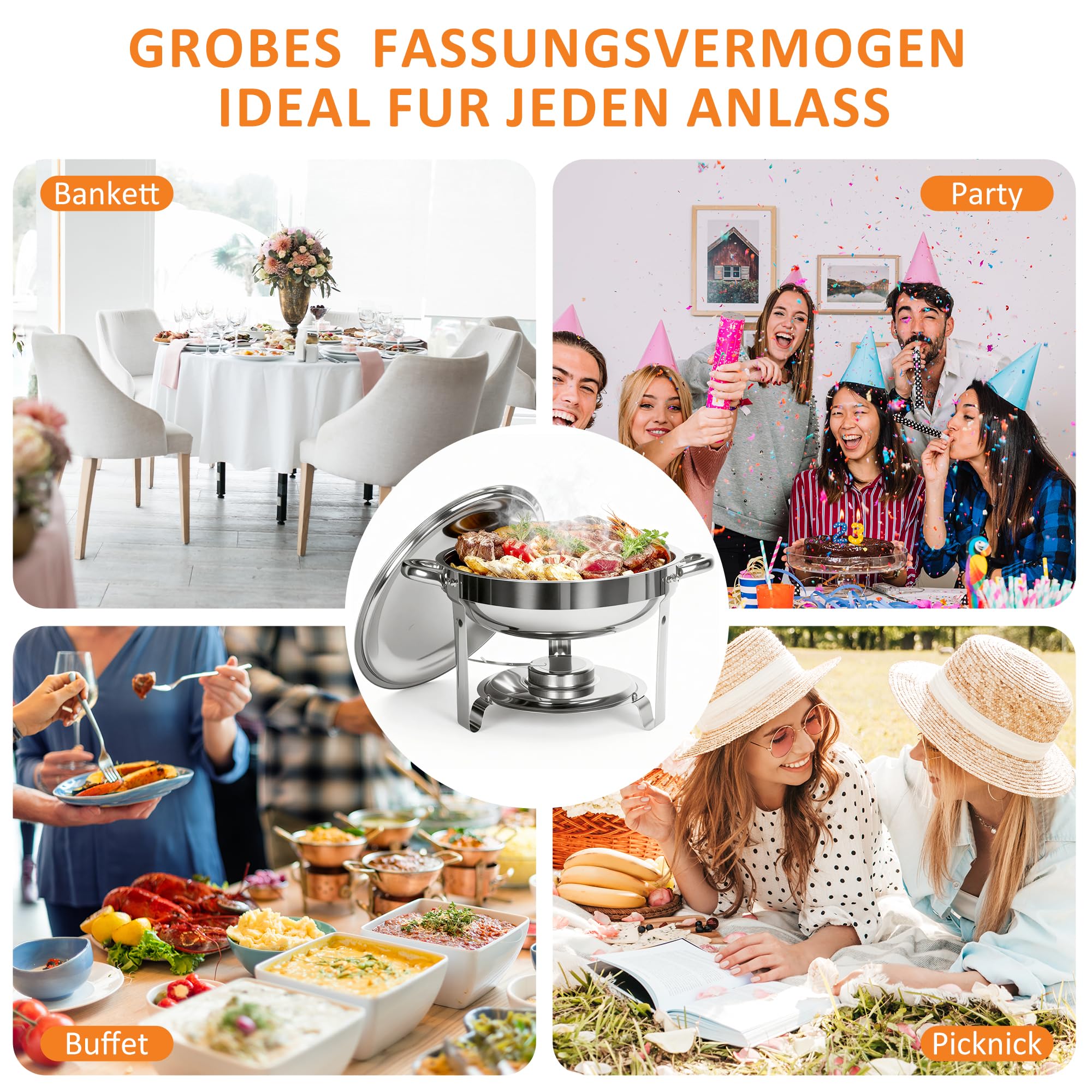 5L Chafing Dish Set 4er Pack, Edelstahl Warmhaltebehälter Essen, Speisenwärmer mit Rollrand-Design für Catering, Buffet und Party