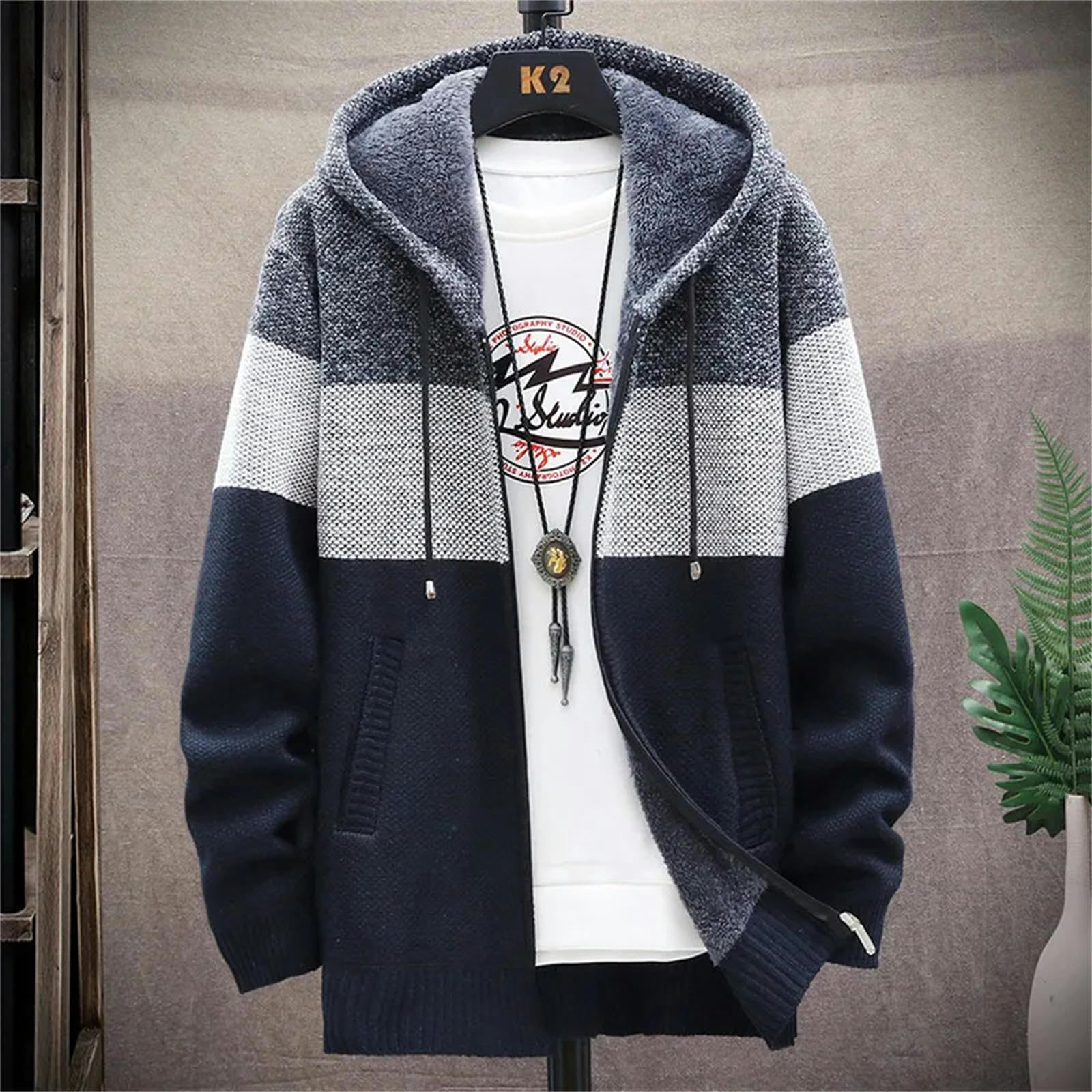Sweter męski zimowy ciepły dzianinowy sweter z dzianiny duży rozmiar luźny sweter z kapturem 4xl-niebieski-3xl 80-85 kg