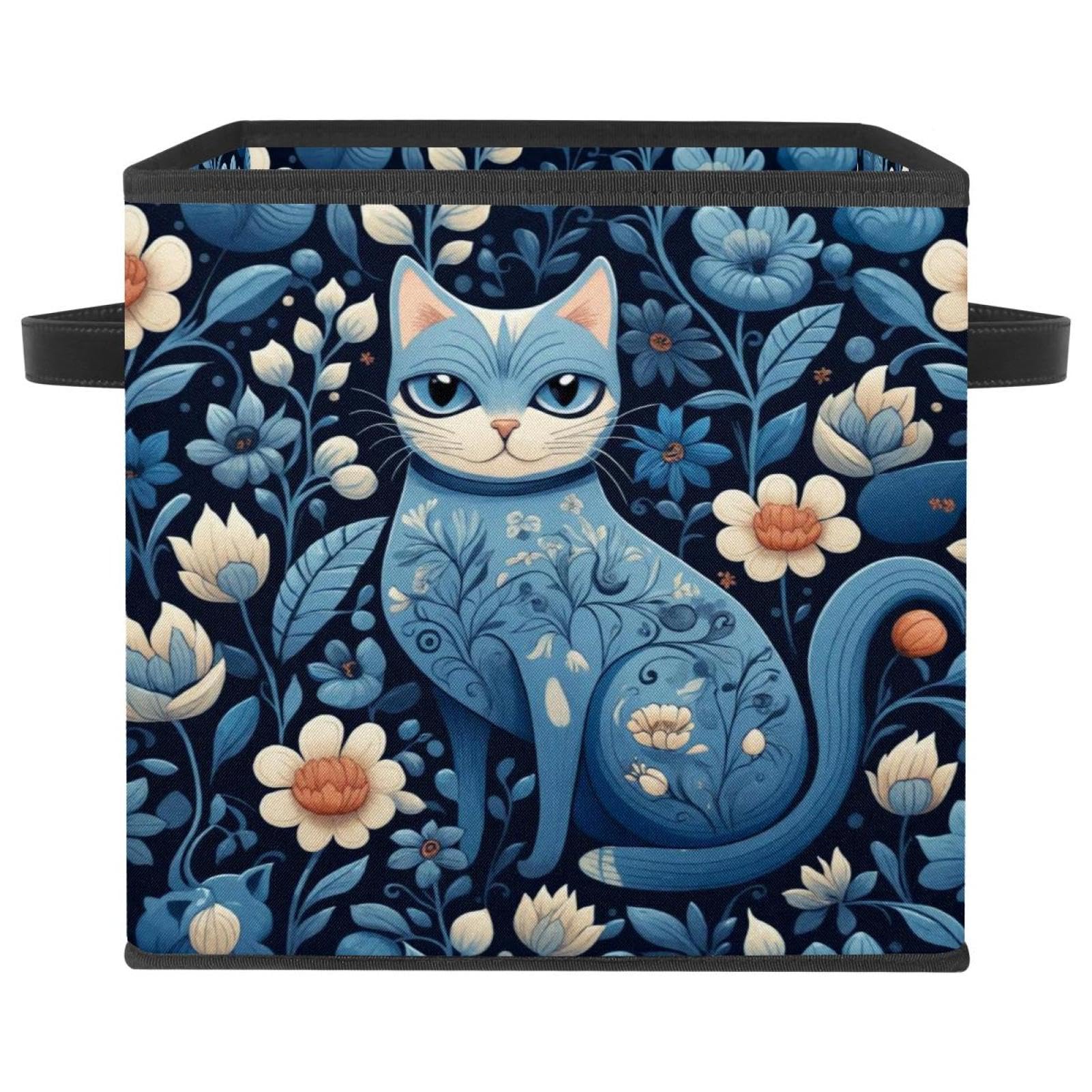 Boîte de rangement chat bleu grand panier pliable en tissu Oxford 27,9 cm avec double poignées