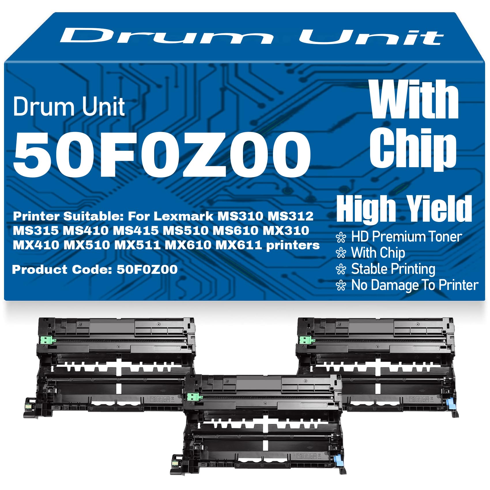 Unità tamburo 50F0Z00 per Lexmark MS310 MS312 MS315 MS410 MS415 MS510 MS610 MX310 MX410 MX510 MX511 MX610 MX611 Stampanti,3PC-Black
