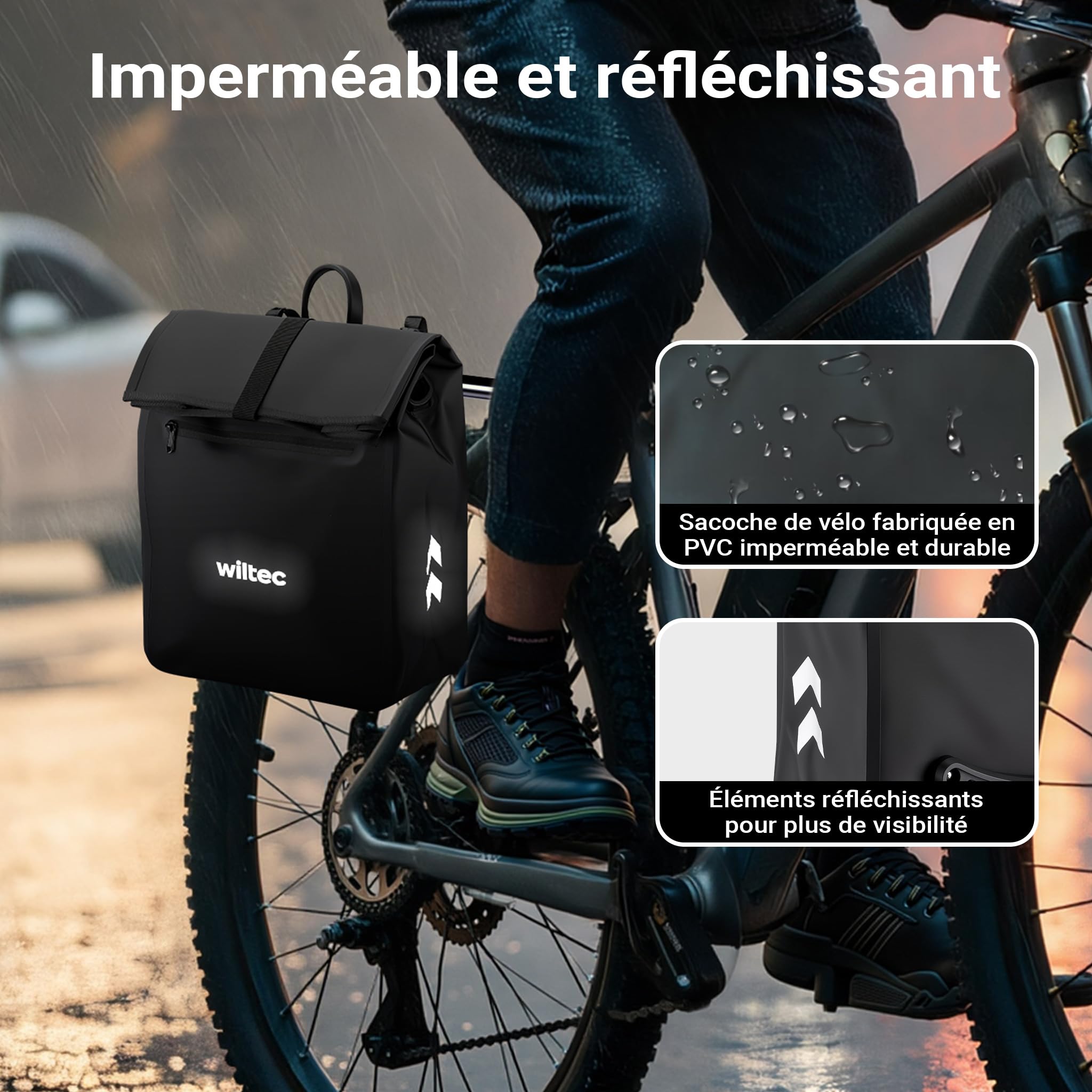 WilTec Sacoche étanche pour Porte-Bagages Noire – capacité de 22 L – en PVC – pour vélos et vélos électriques – Sac de Bicyclette – Cyclisme, Courses, Excursions