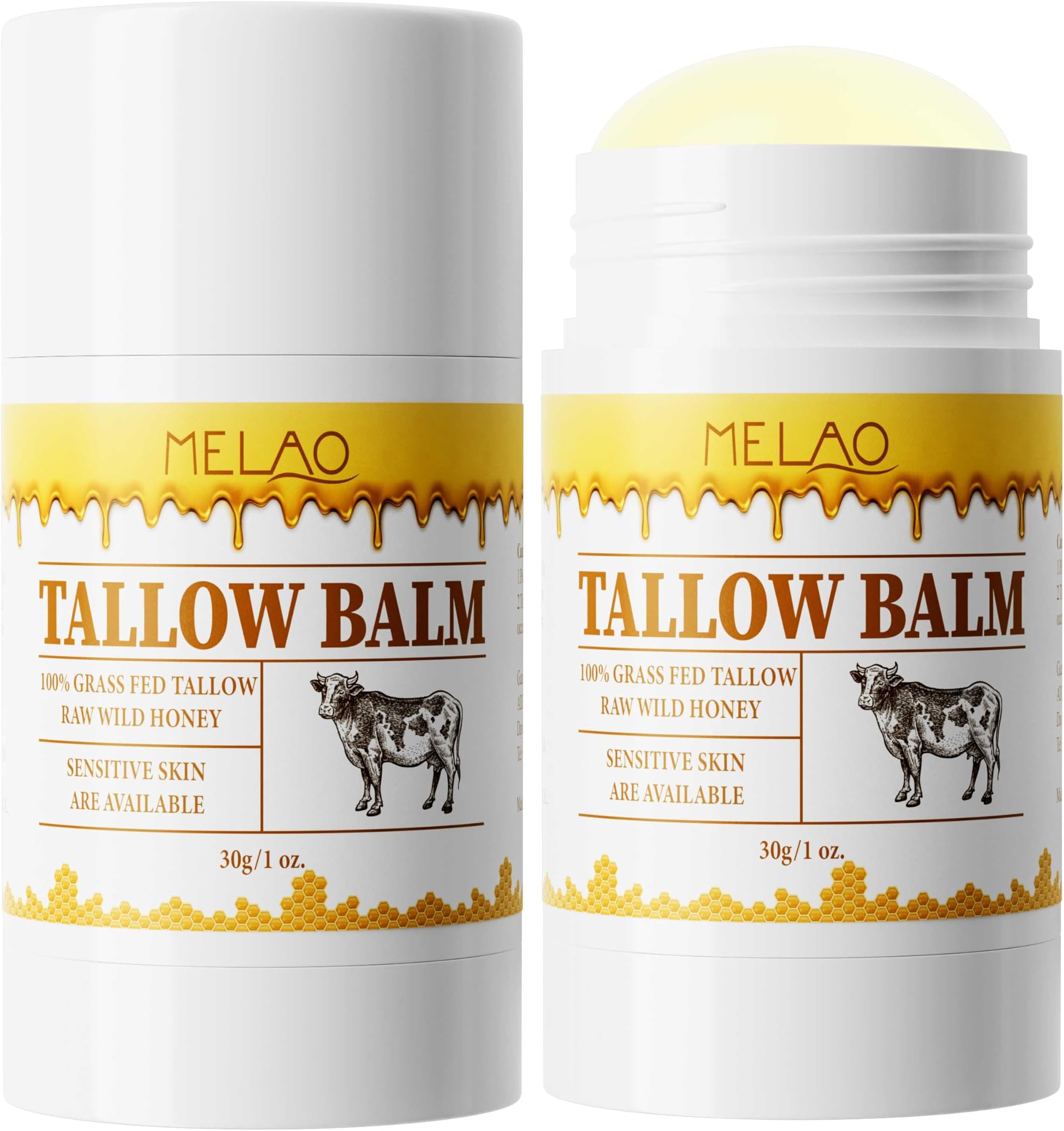 Tallow Balm Stick - Multi-Purpose Moisture Stick for Face & Body, Tallow and Honey Balm for Dry Skin, Lips & Cuticles, Soothing & Hydrating, Beef Tallow Moisturizer