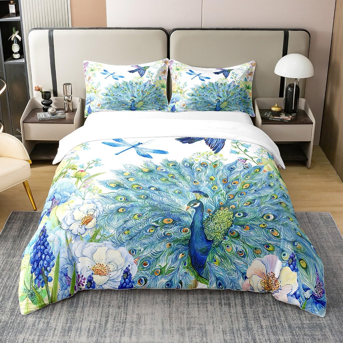 Peacock 100% Cotton Duvet Cover Set Double Hummingbird Dragonfly Comforter Cover Flower Birds Pattern Bedding Sets for Girls Women Navy Blue Floral Animals Fresh Nature Quilt Cover with 2 Pillow Cases
