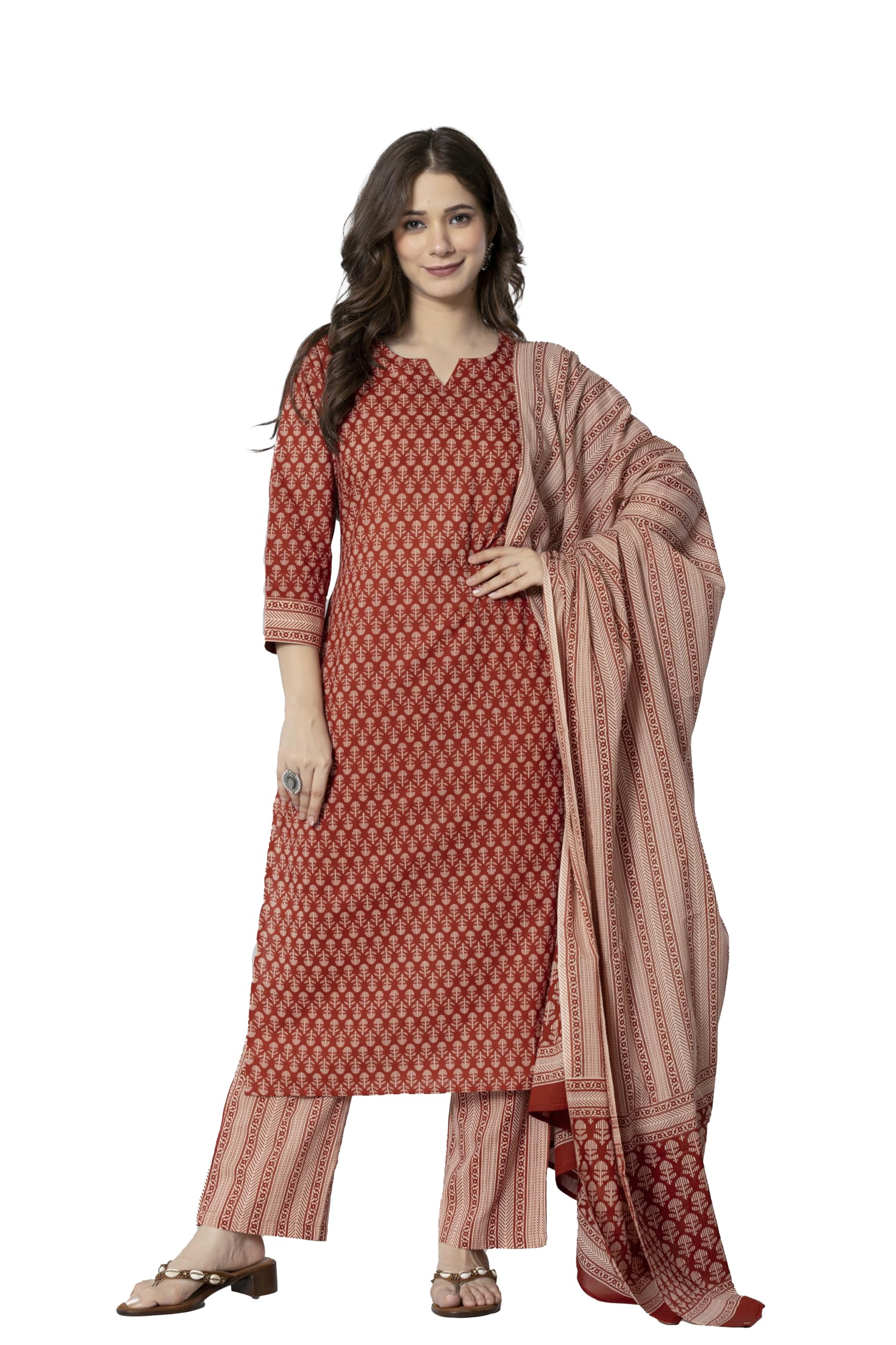 aradhika Women's Cotton Printed Kurta with Pant and Dupatta - (Terracotta Red)-picture-36