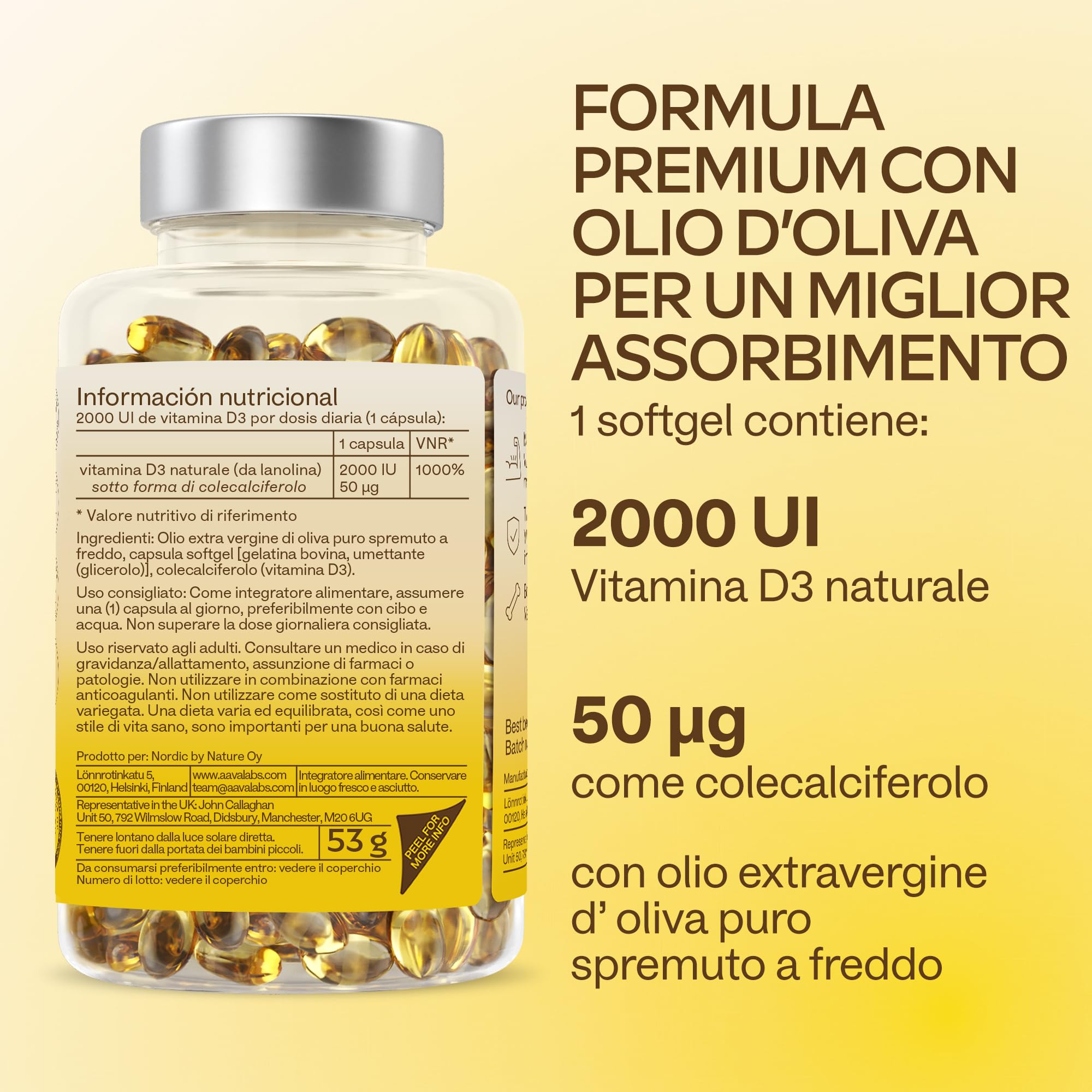 Vitamina D3 2000 UI [Fornitura di 1 Anno] - Integratore Vitamina D 2000 UI con Olio EVO per assorbimento ottimale - Non OGM - Contribuisce alla funzione ossea, muscolare e immunitaria - 365 Capsule