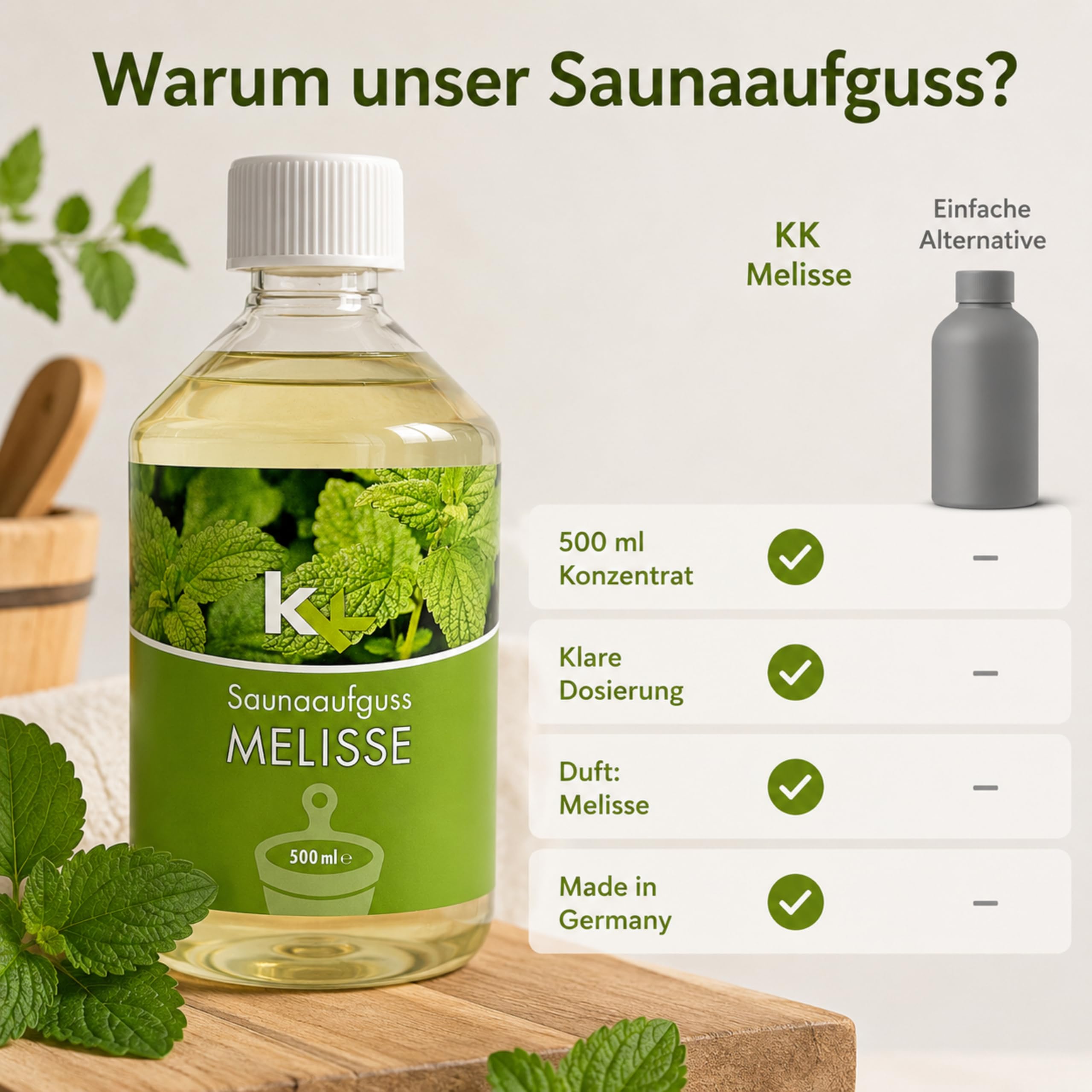 KK Sauna Aufguss Konzentrate PREMIUM | 500 ml Flasche | Made in Germany | Wellness für Zuhause | Melisse